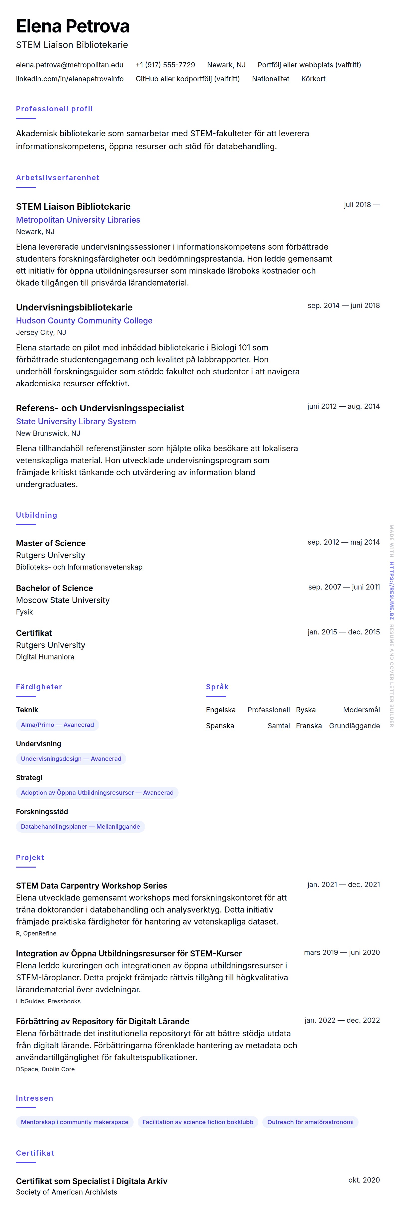 CV-förhandsgranskning för Exempel på CV för Akademisk Bibliotekarie
