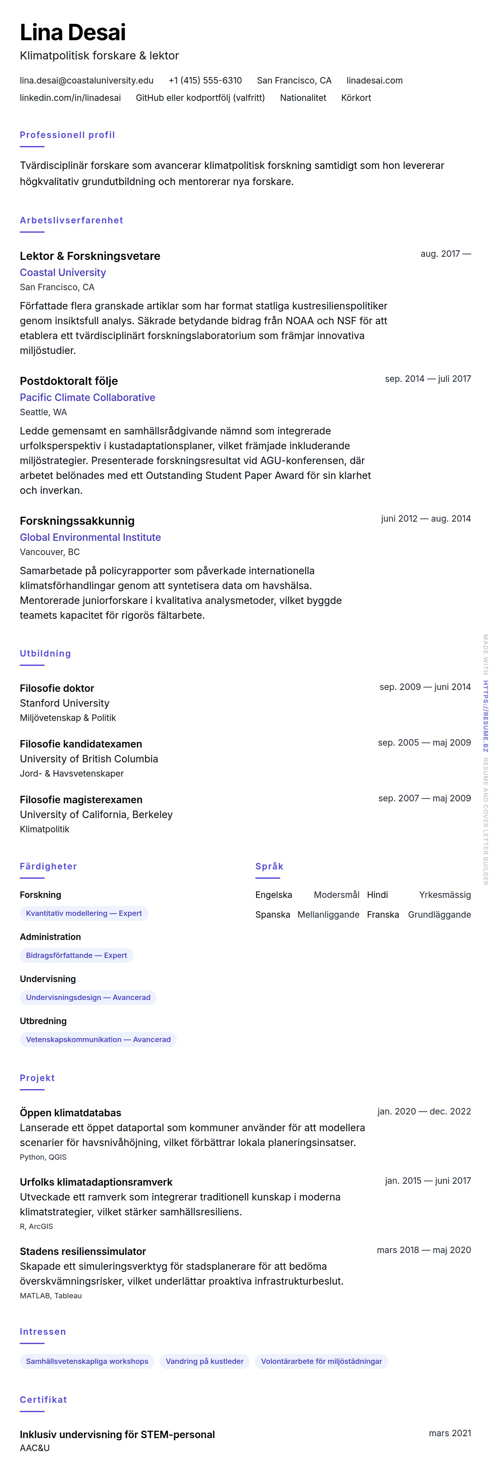 CV-förhandsgranskning för Akademiskt CV-exempel