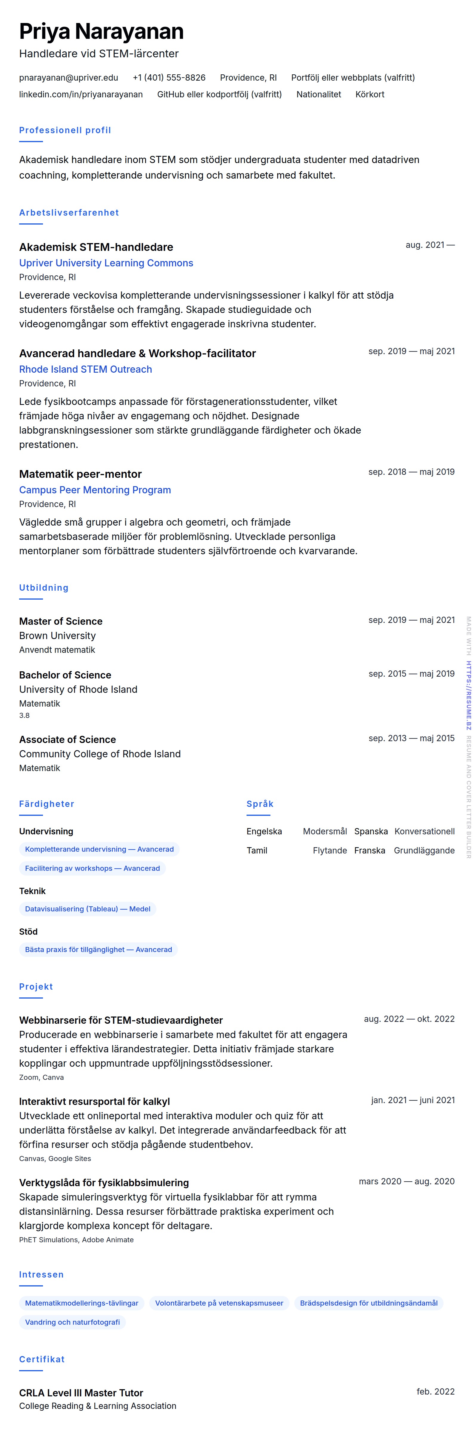 CV-förhandsgranskning för Exempel på CV för akademisk handledare