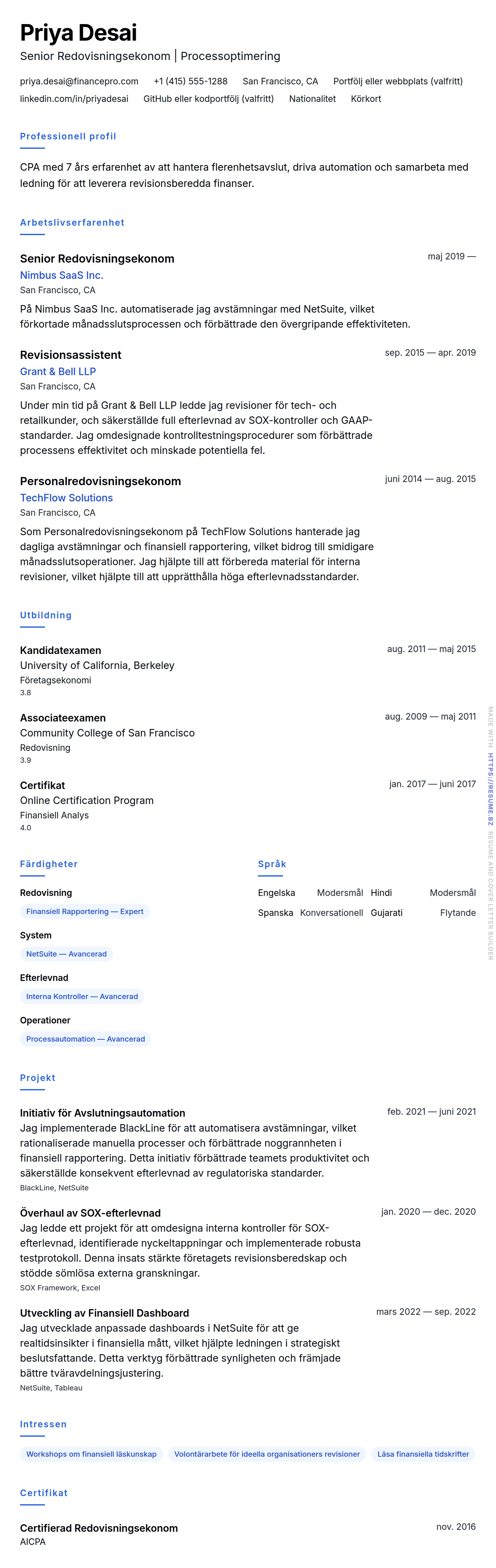 CV-förhandsgranskning för Exempel på CV för Redovisningsekonom