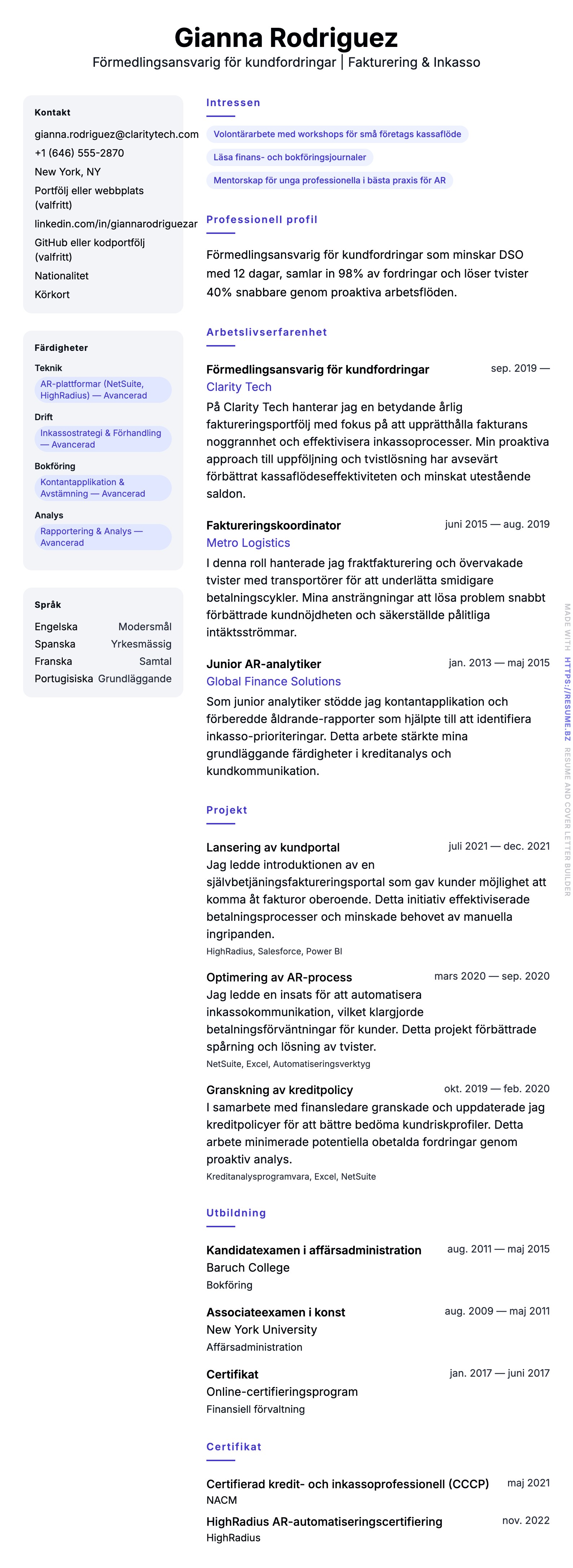 CV-förhandsgranskning för Exempel på CV för förmedlingsansvarig för kundfordringar