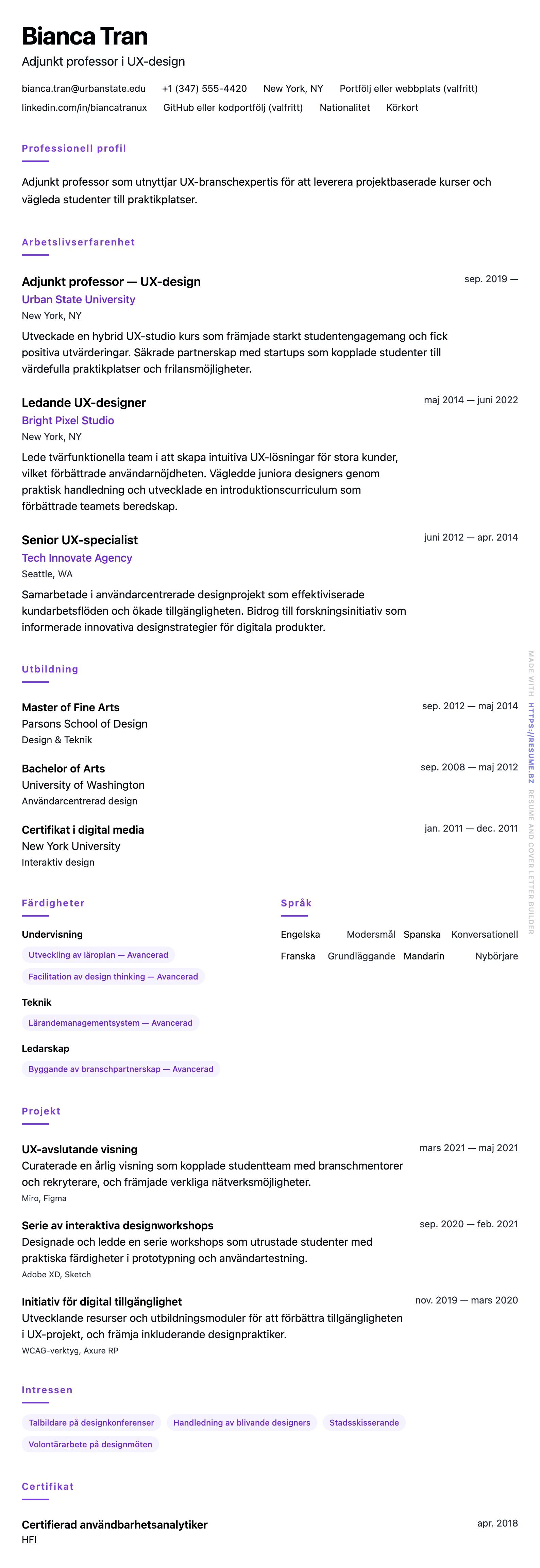 CV-förhandsgranskning för Exempel på CV för adjunkt professor