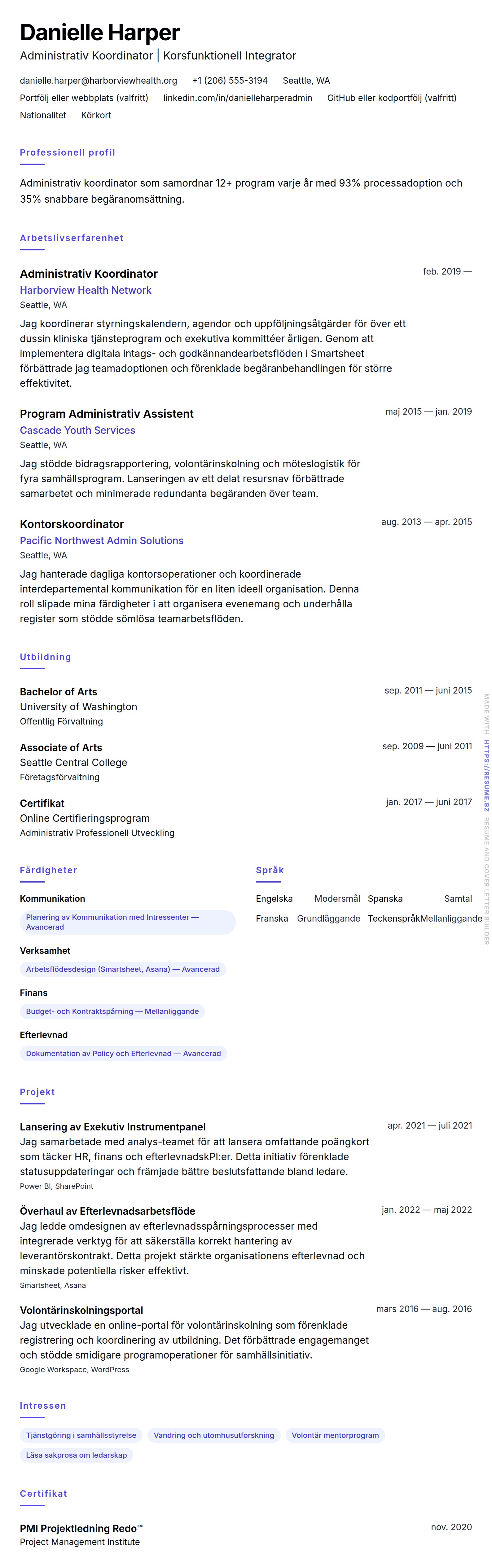 CV-förhandsgranskning för Exempel på CV för Administrativ Koordinator