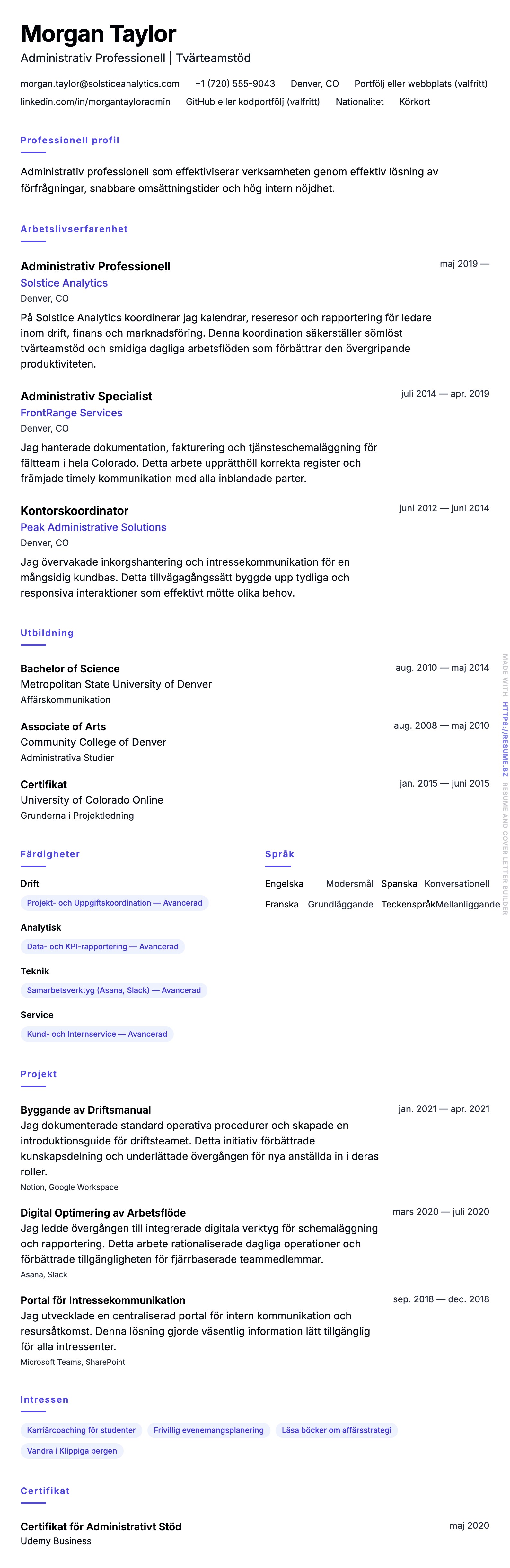 CV-förhandsgranskning för Exempel på CV för Administrativ Professionell