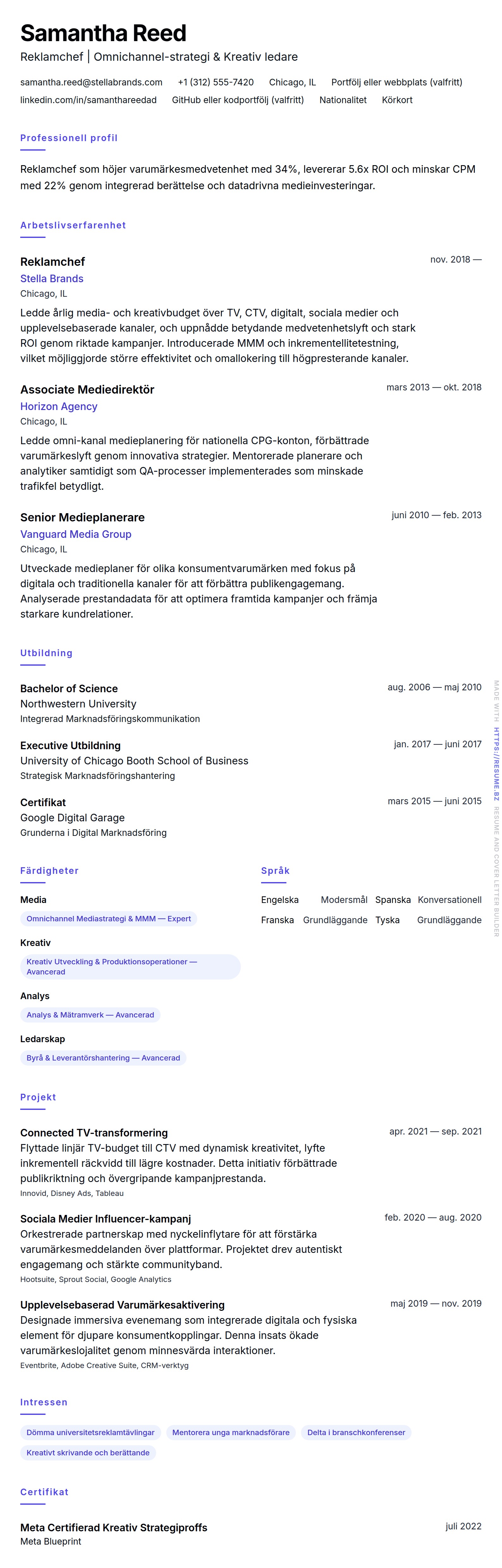 CV-förhandsgranskning för Reklamchef CV-exempel