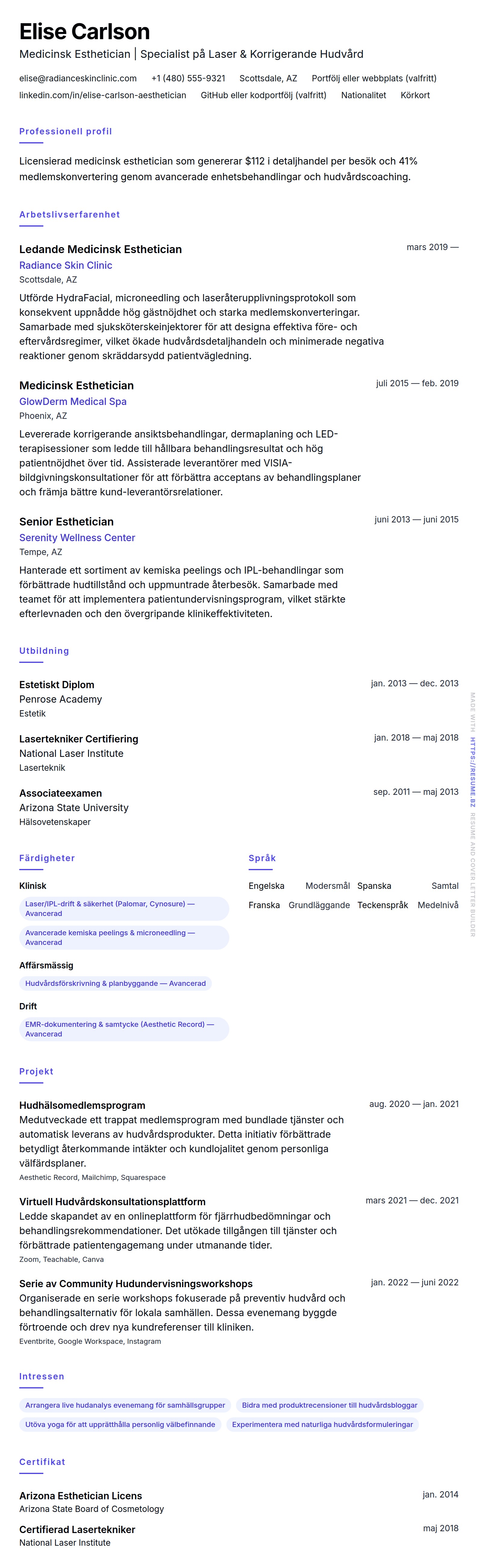 CV-förhandsgranskning för Exempel på CV för Medicinsk Esthetician