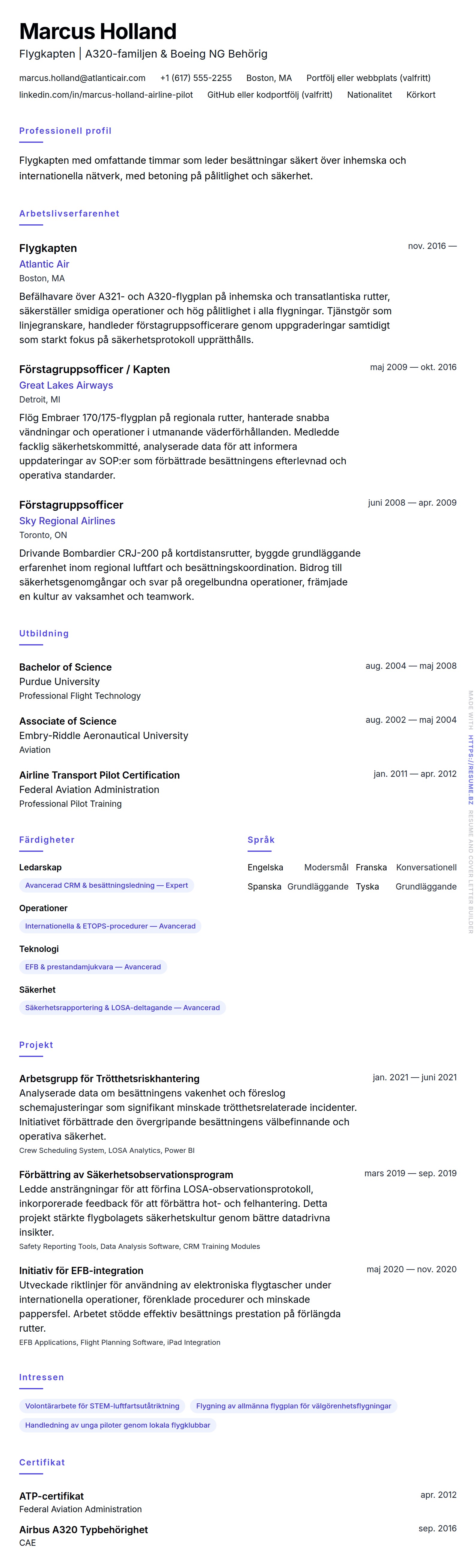 Exempel på CV för Flygkapten