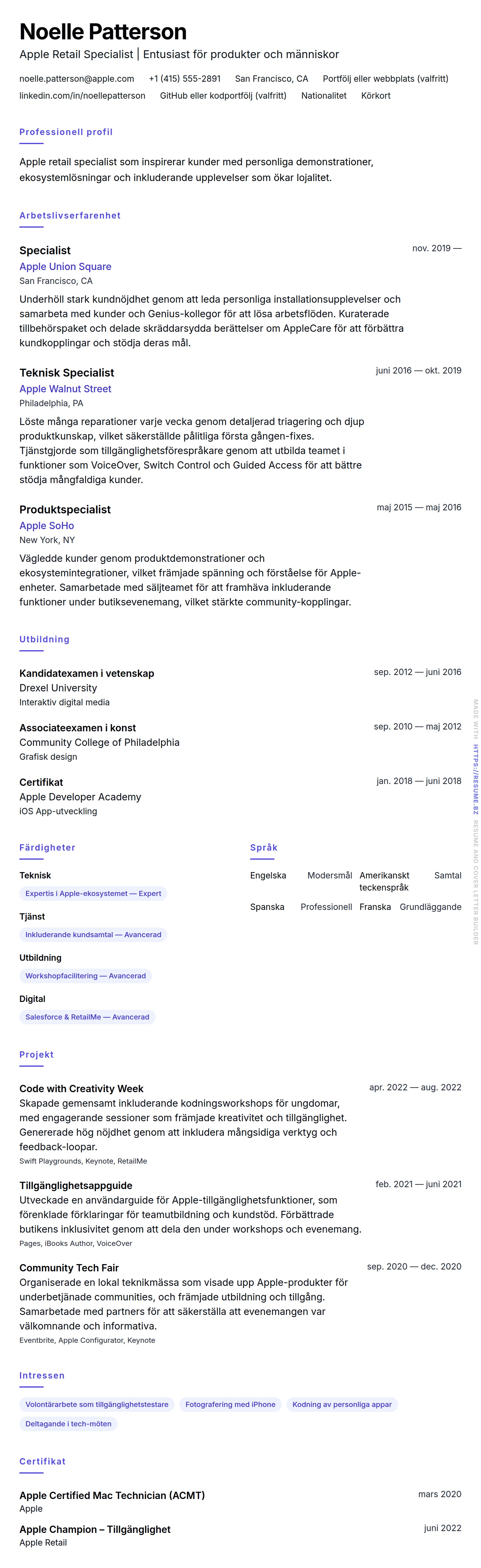 CV-förhandsgranskning för Apple Retail Specialist CV-exempel