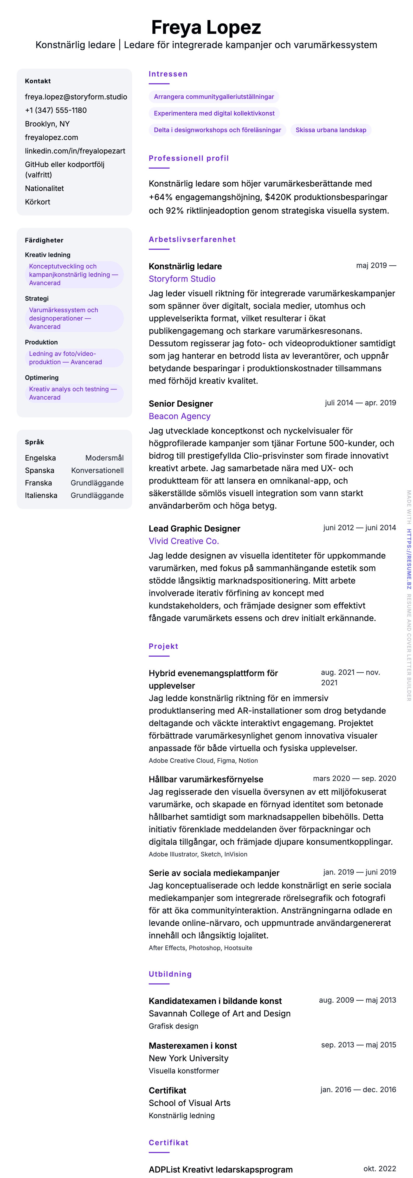 CV-förhandsgranskning för Exempel på CV för konstnärlig ledare