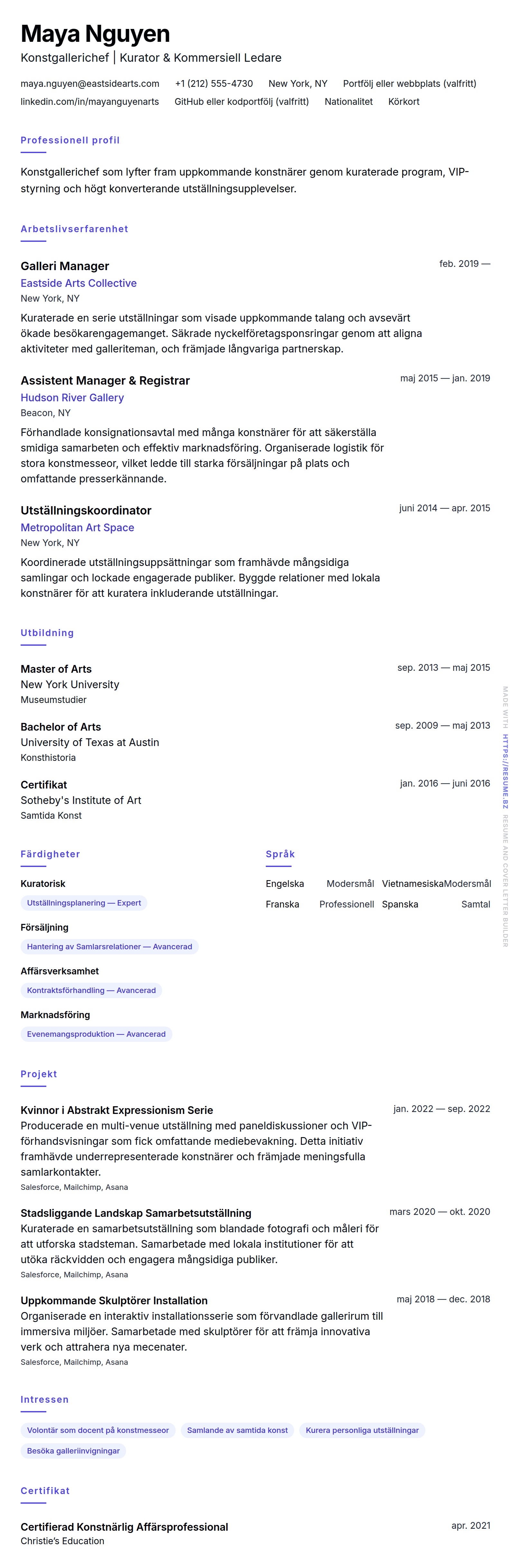 CV-förhandsgranskning för Exempel på CV för Konstgallerichef