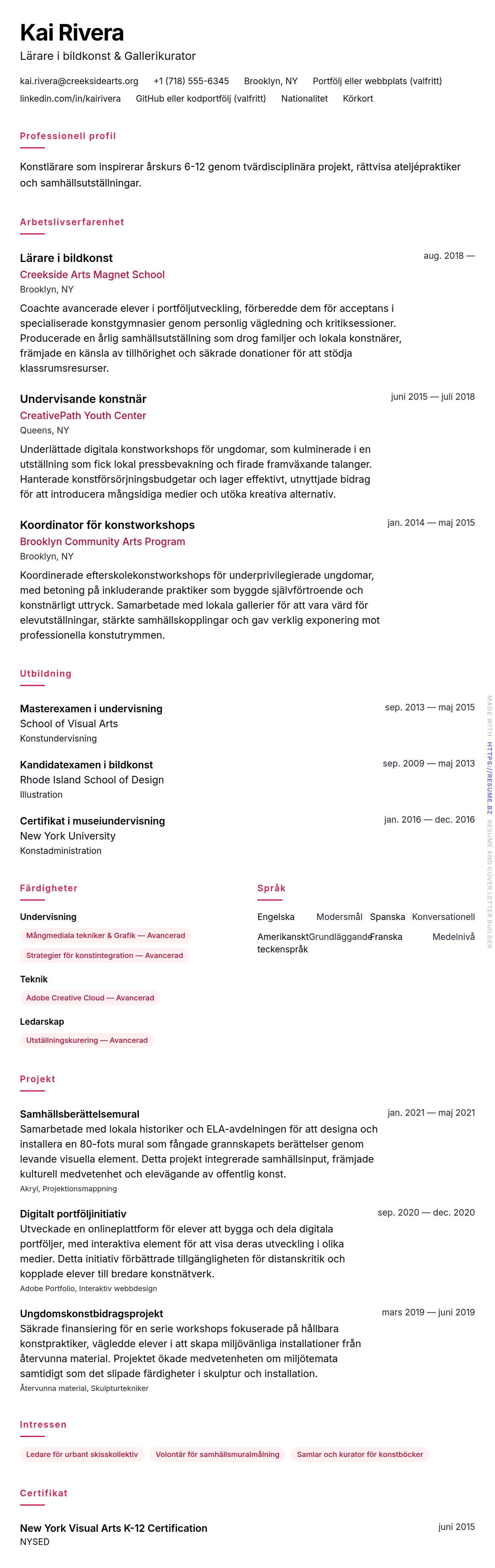 CV-förhandsgranskning för Konstlärarens CV-exempel