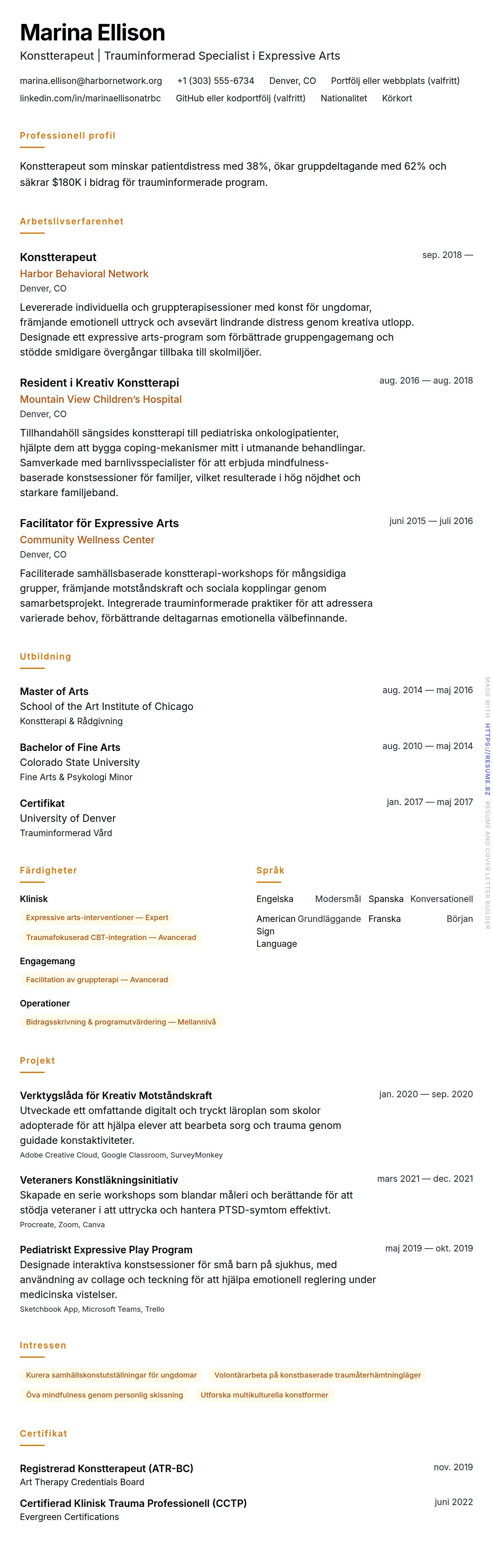 CV-förhandsgranskning för Exempel på CV för konstterapeut
