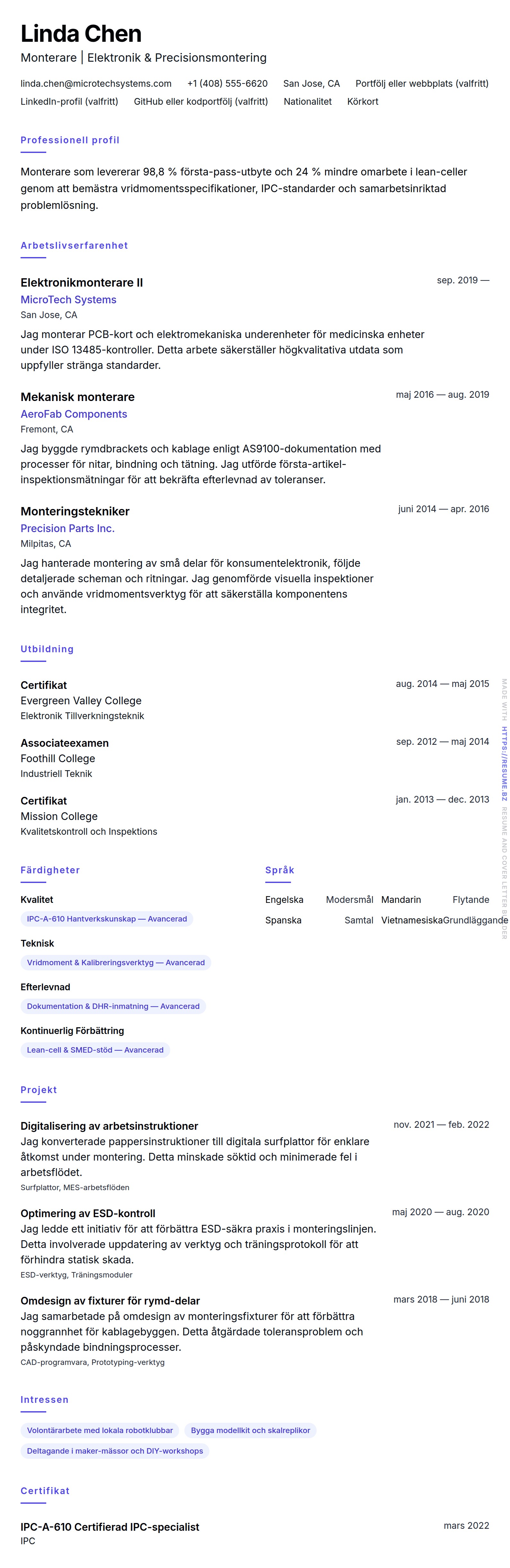 CV-förhandsgranskning för Exempel på CV för monterare