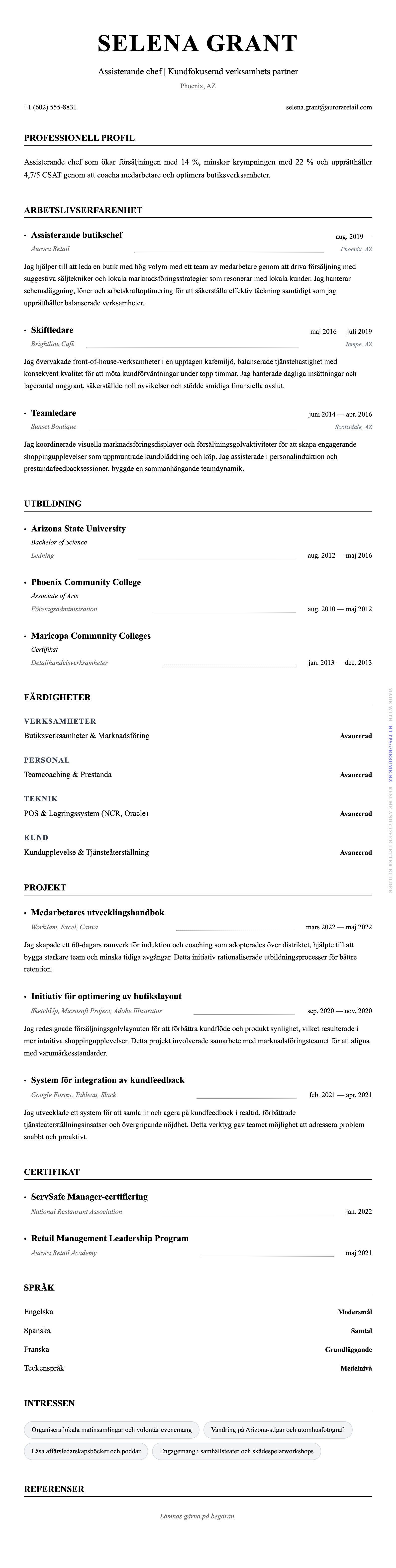 CV-förhandsgranskning för Exempel på CV för assisterande chef