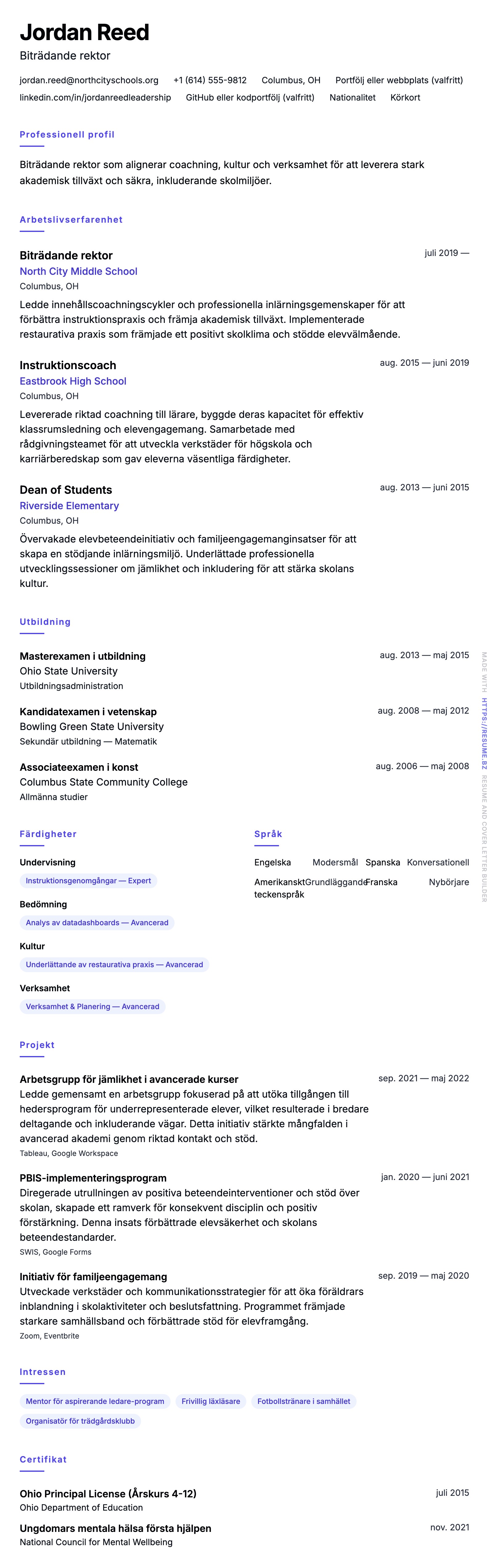 CV-förhandsgranskning för Exempel på CV för biträdande rektor