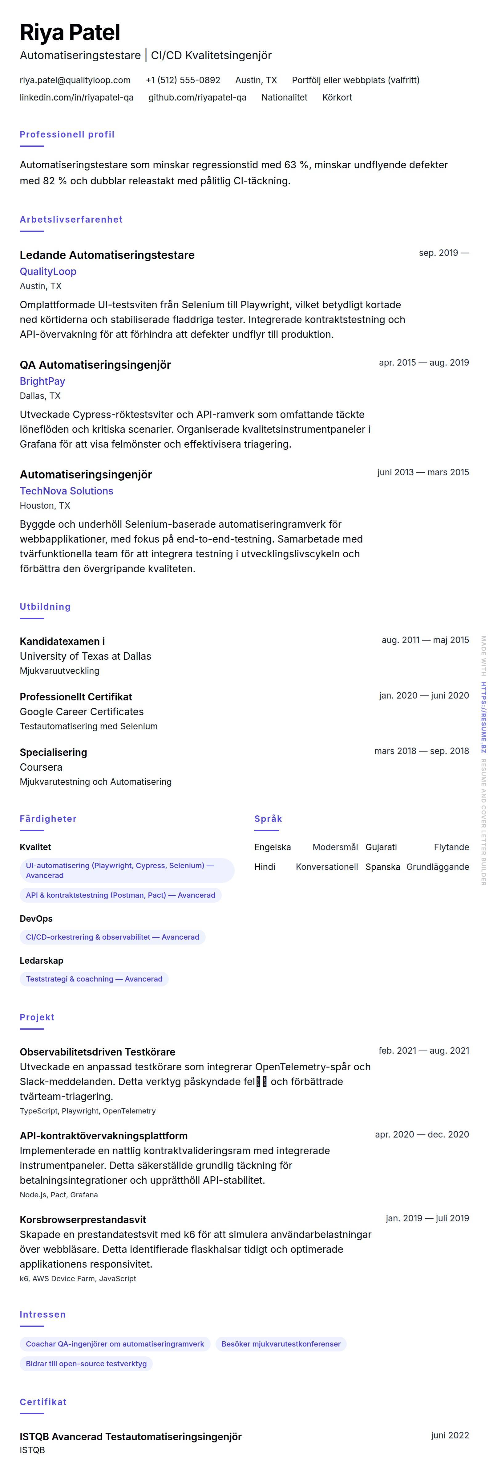 CV-förhandsgranskning för Exempel på CV för Automatiseringstestare