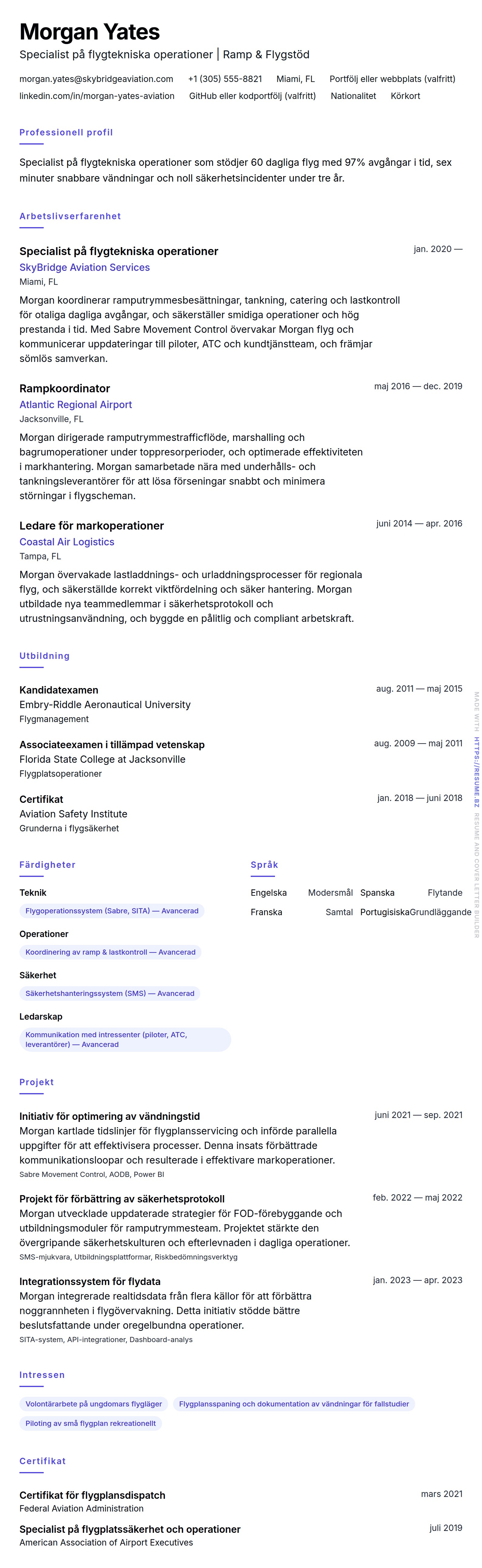 CV-förhandsgranskning för Exempel på CV för specialist på flygtekniska operationer