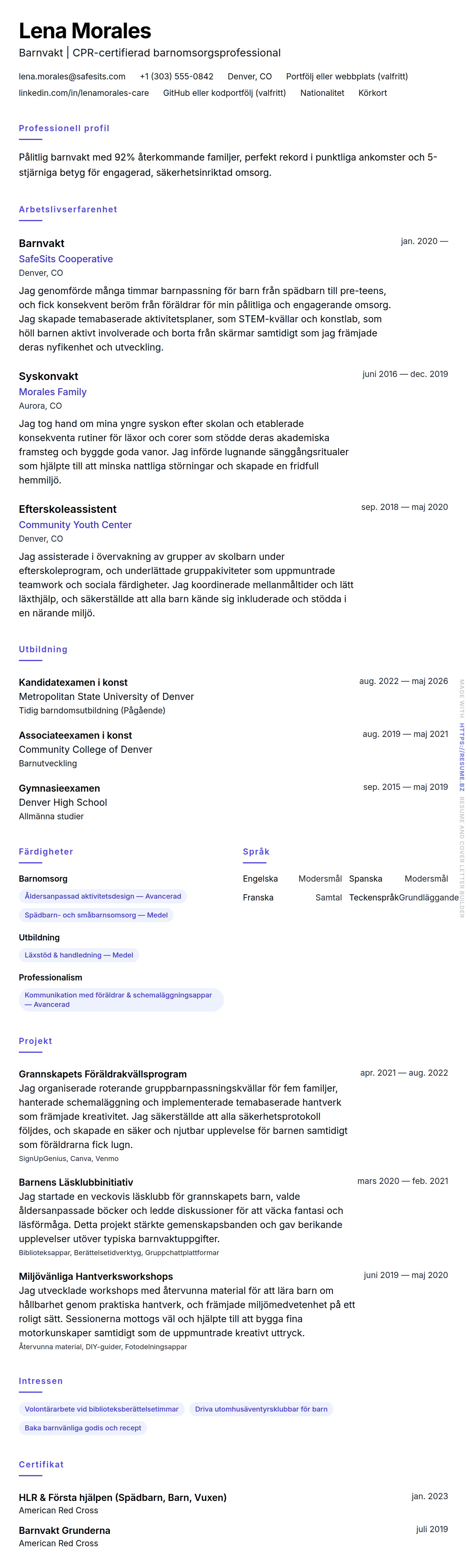 CV-förhandsgranskning för Barnvakt CV-exempel