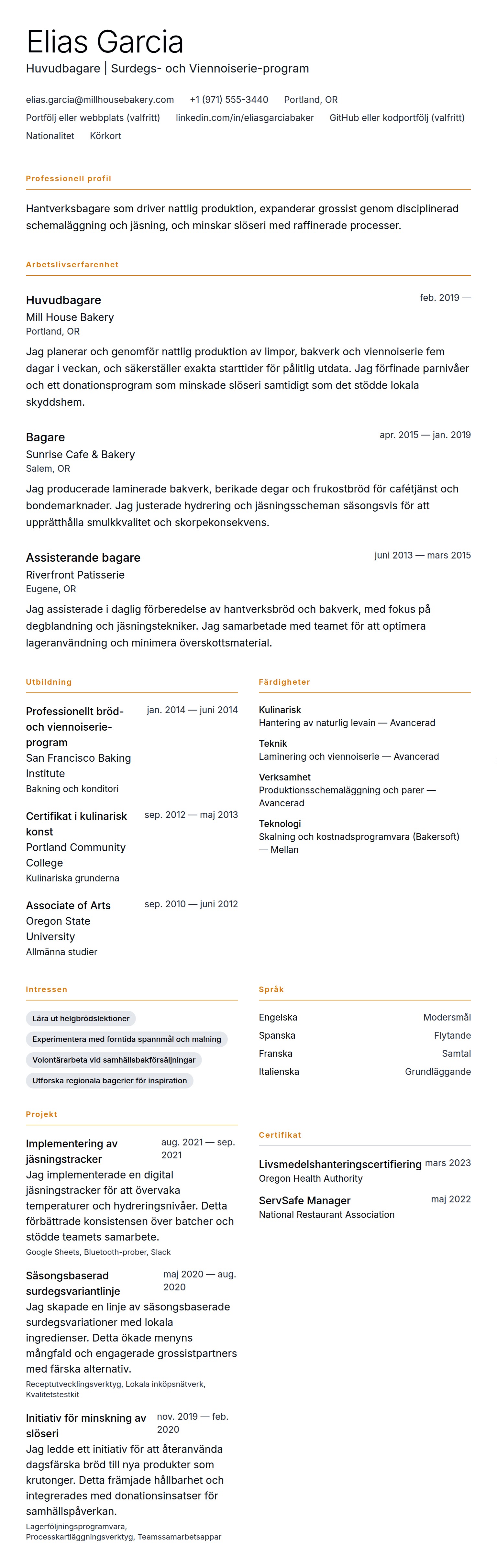 Bagare CV-exempel