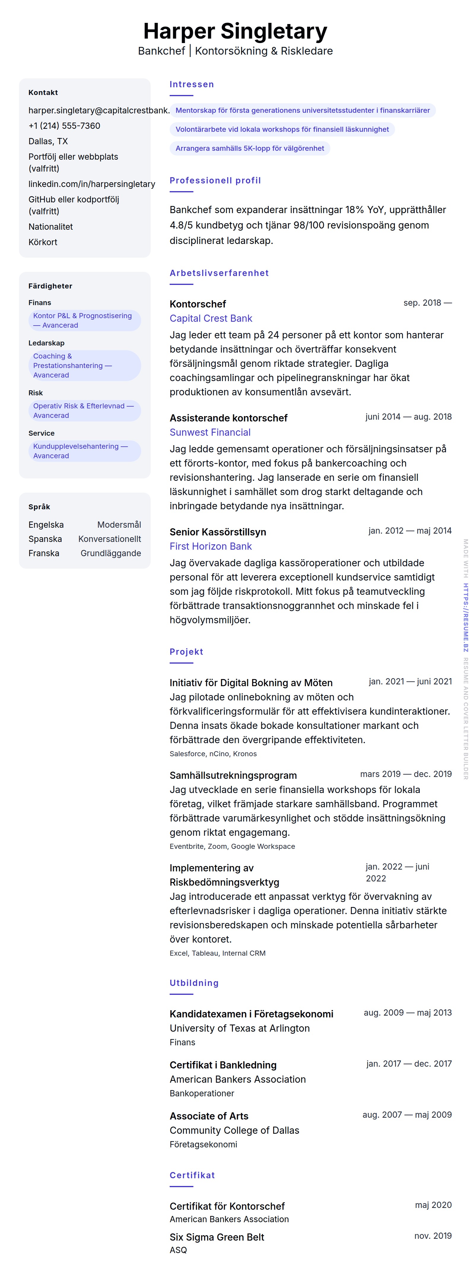 CV-förhandsgranskning för Bankchef CV-exempel