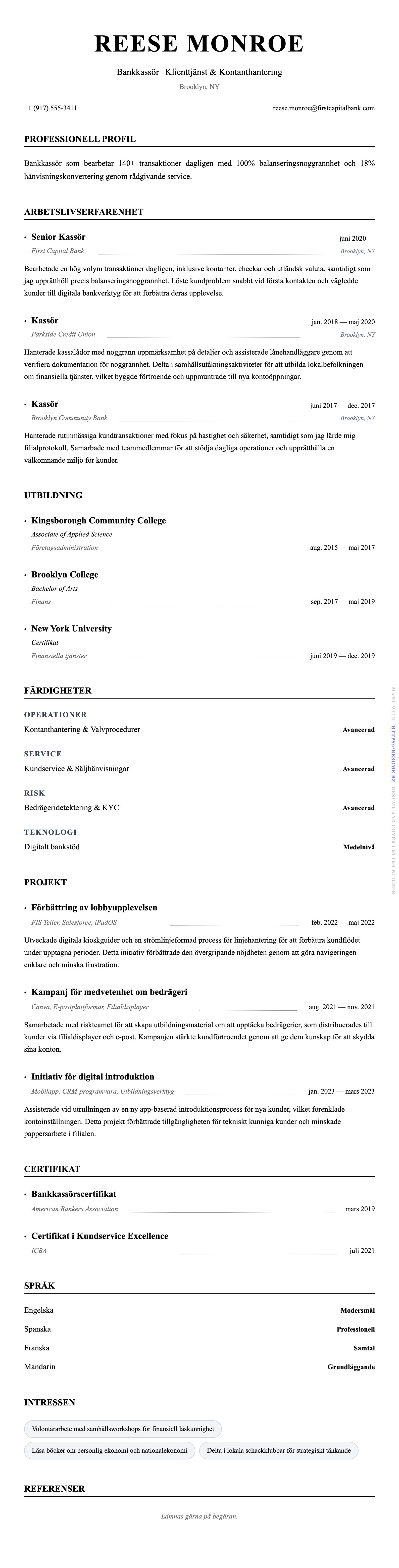 CV-förhandsgranskning för Bankkassör CV-exempel