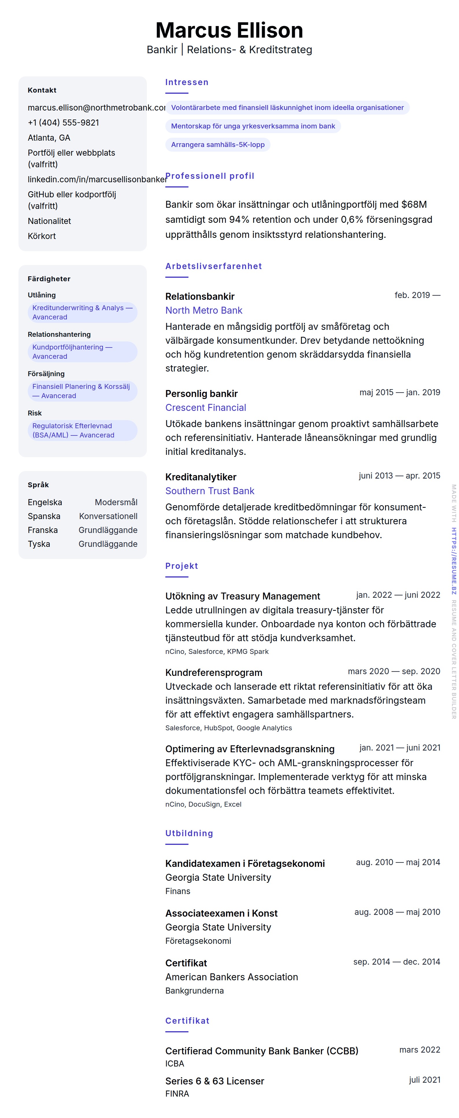 CV-förhandsgranskning för Bankir CV-exempel