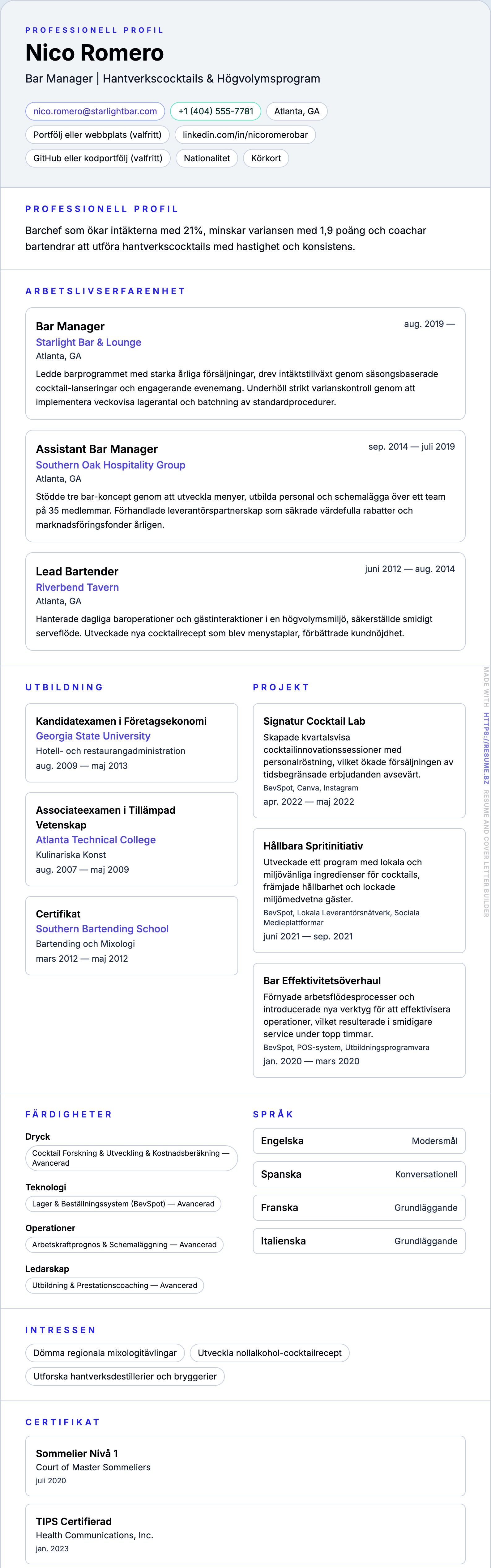 CV-förhandsgranskning för Bar Manager CV-exempel