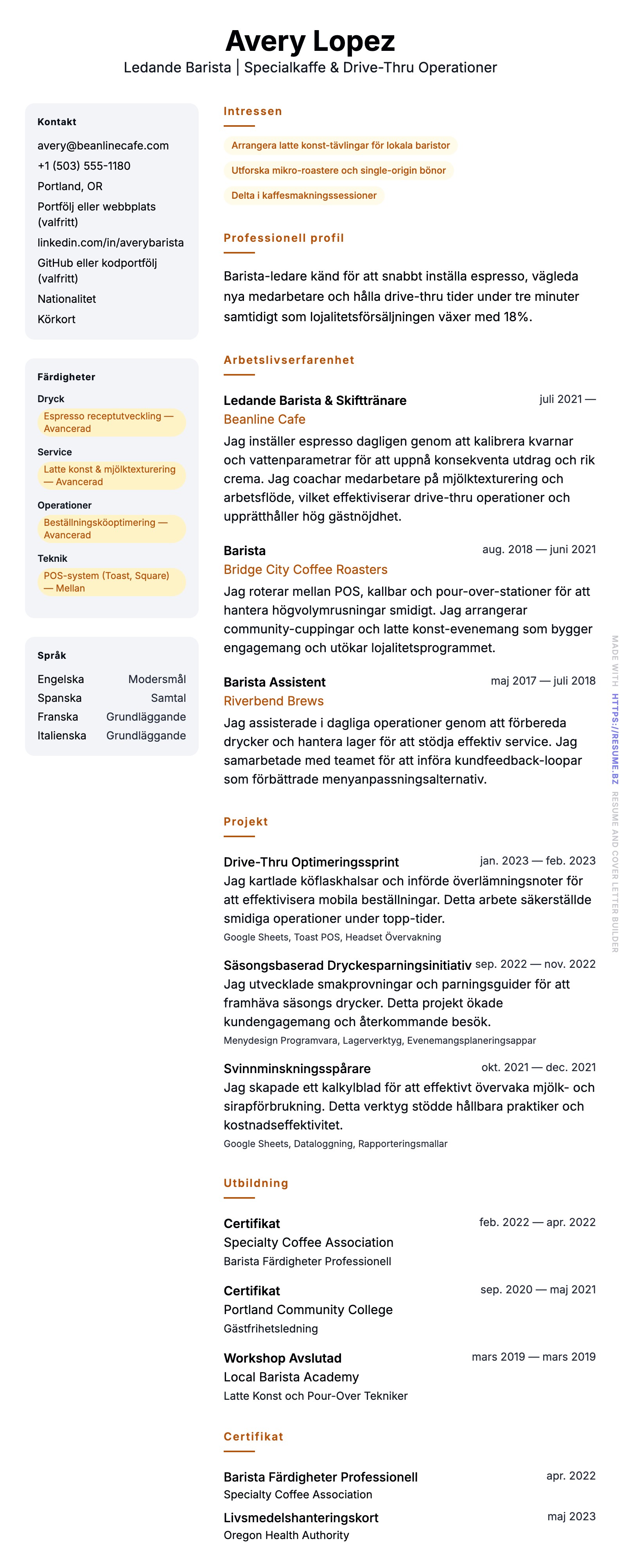 CV-förhandsgranskning för Barista CV-exempel