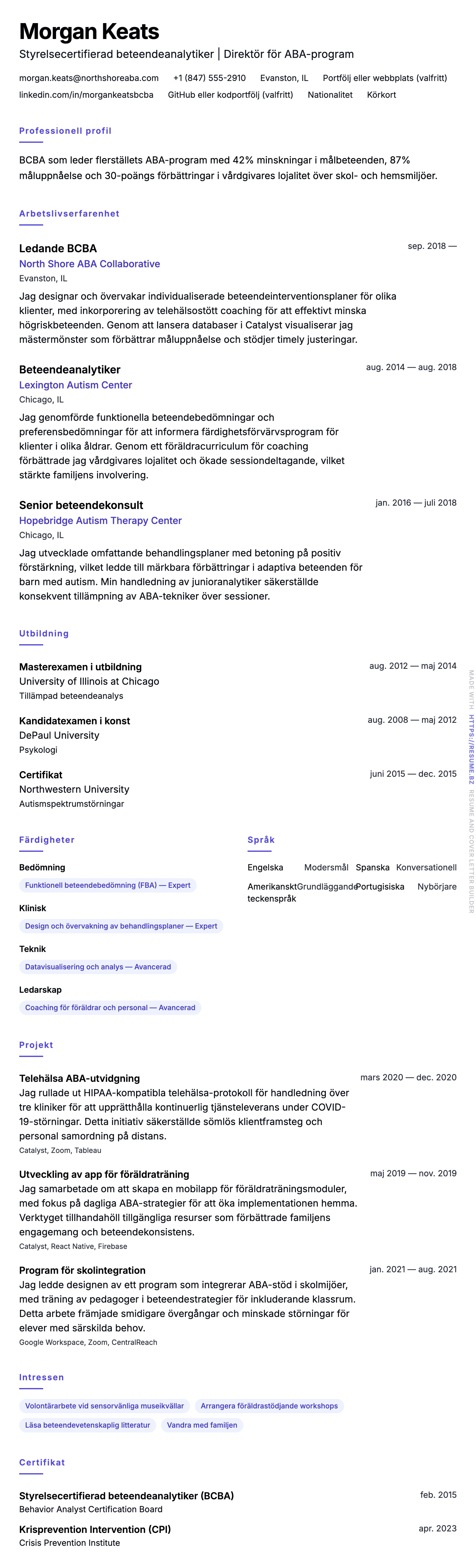 CV-förhandsgranskning för Styrelsecertifierad beteendeanalytiker (BCBA) CV-exempel