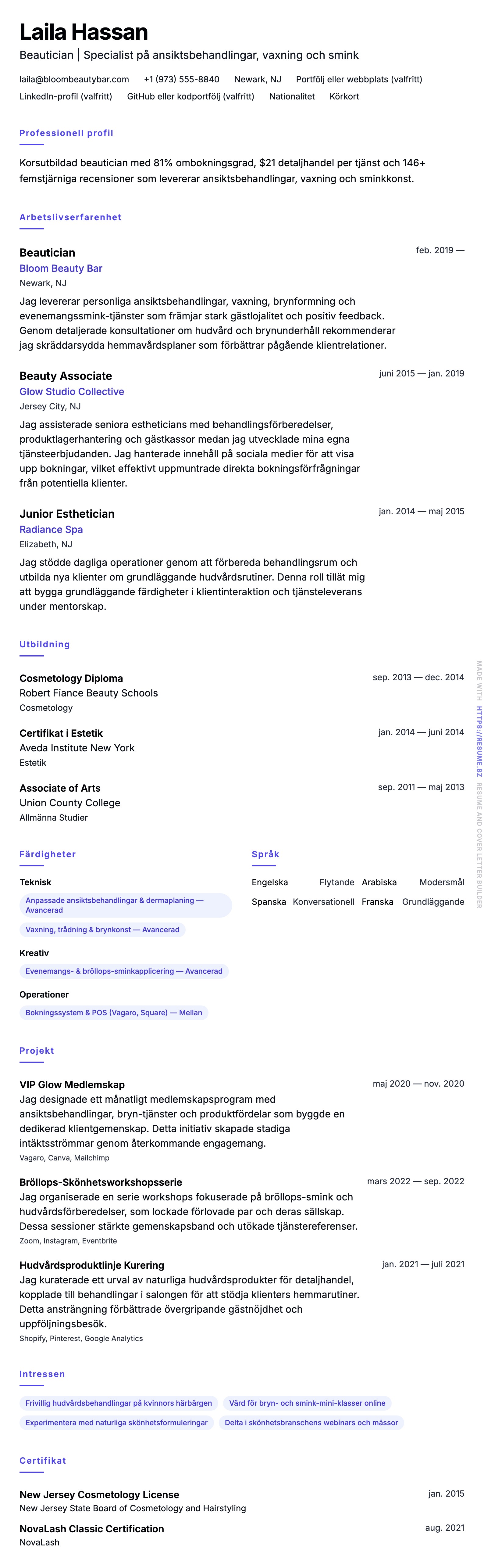 CV-förhandsgranskning för Beautician CV-exempel