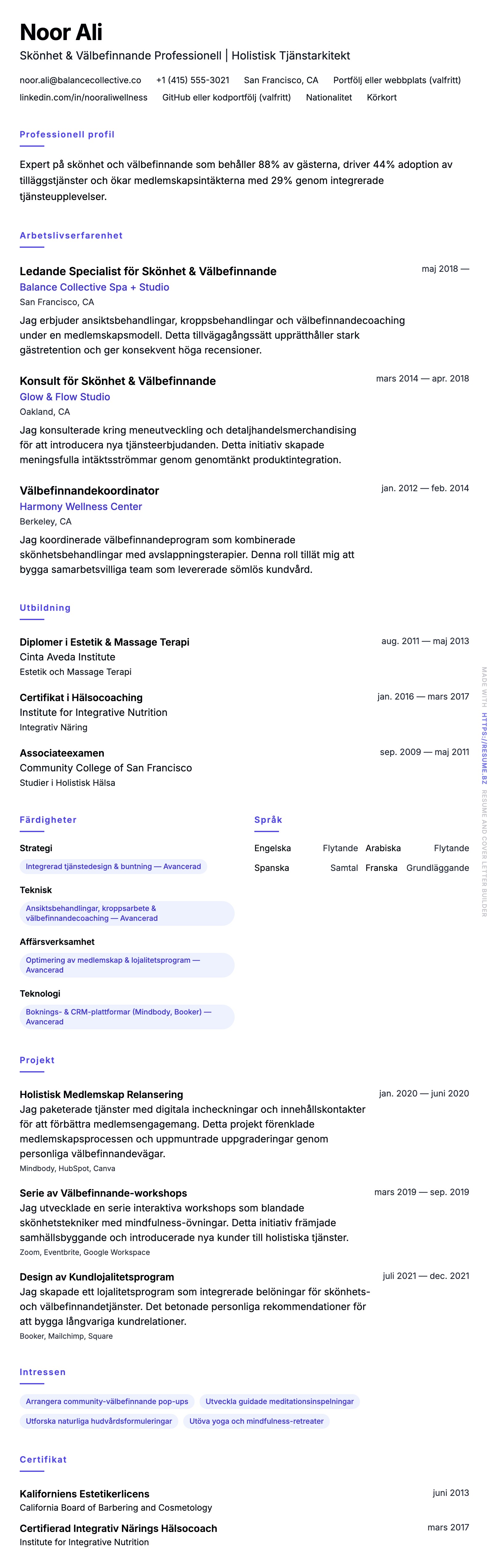 CV-förhandsgranskning för Exempel på CV för Skönhet och Välbefinnande Professionell