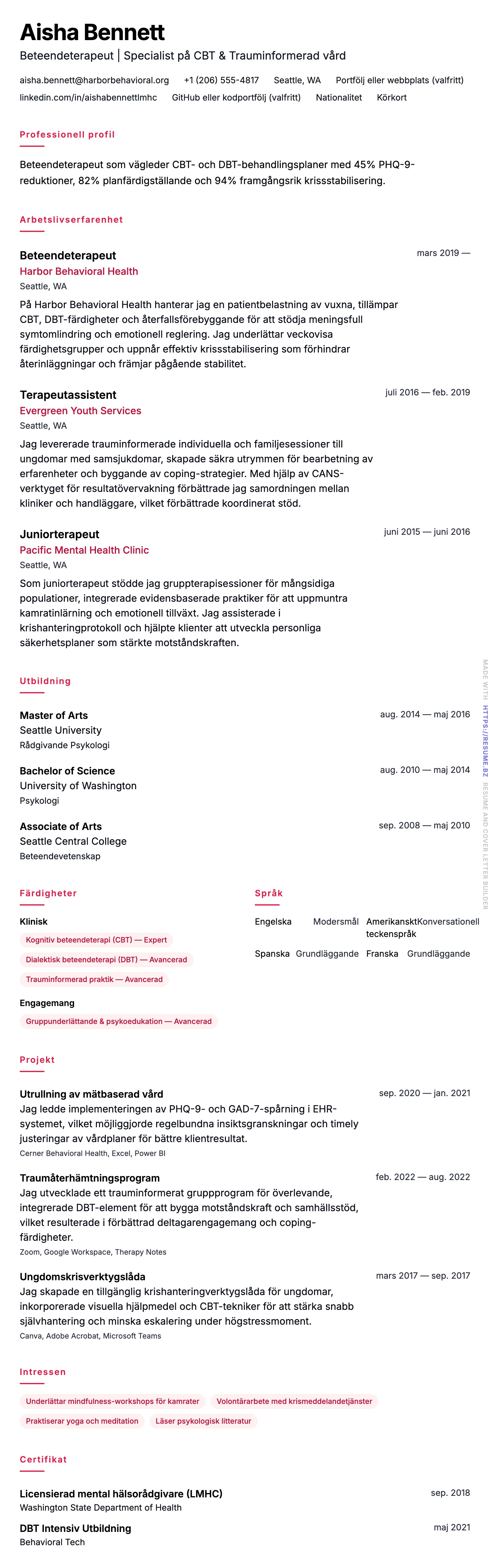 CV-förhandsgranskning för Exempel på CV för beteendeterapeut
