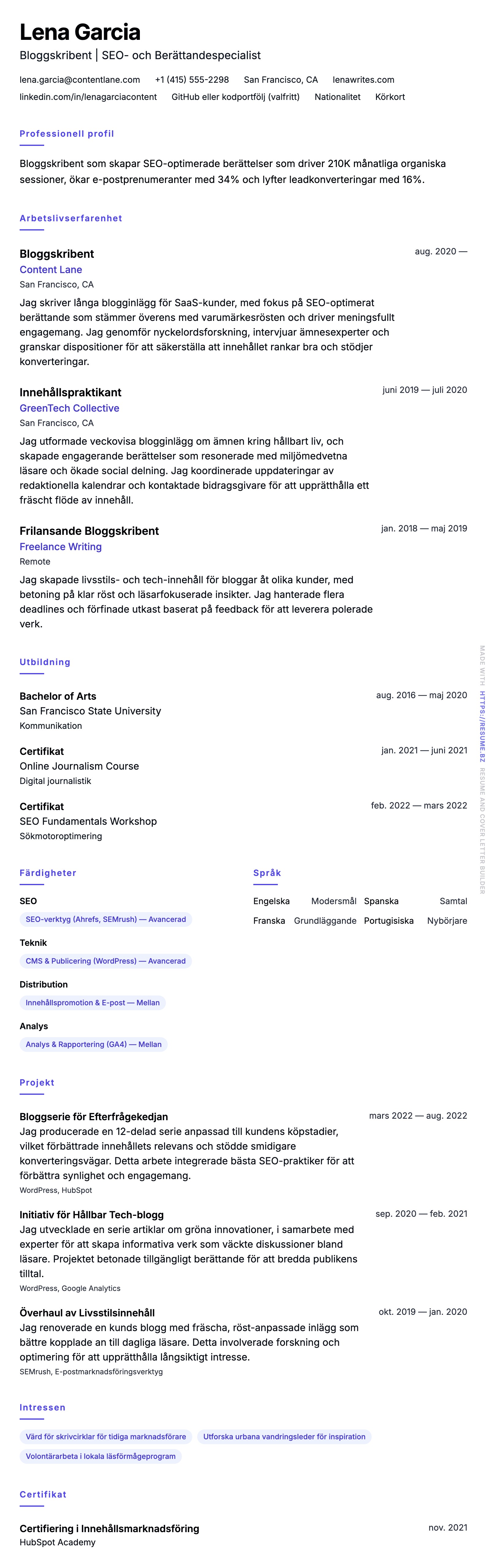 CV-förhandsgranskning för Exempel på CV för Bloggskribent