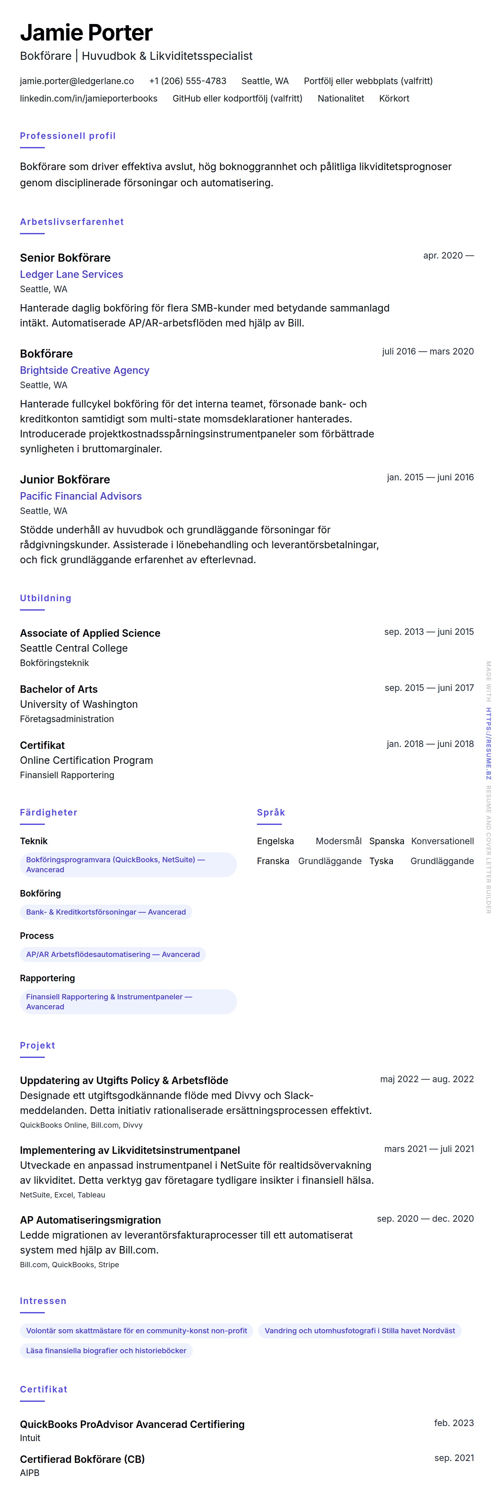 CV-förhandsgranskning för Bokförare CV-exempel