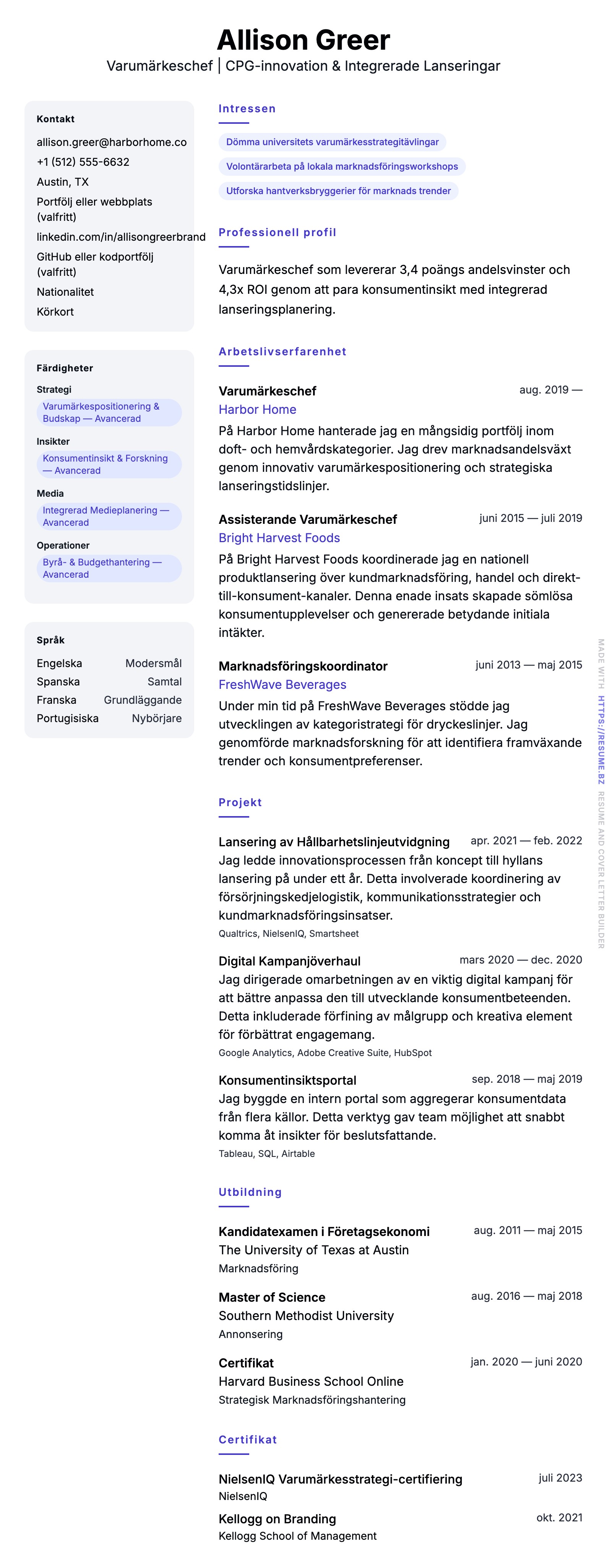 CV-förhandsgranskning för Varumärkeschef CV-exempel