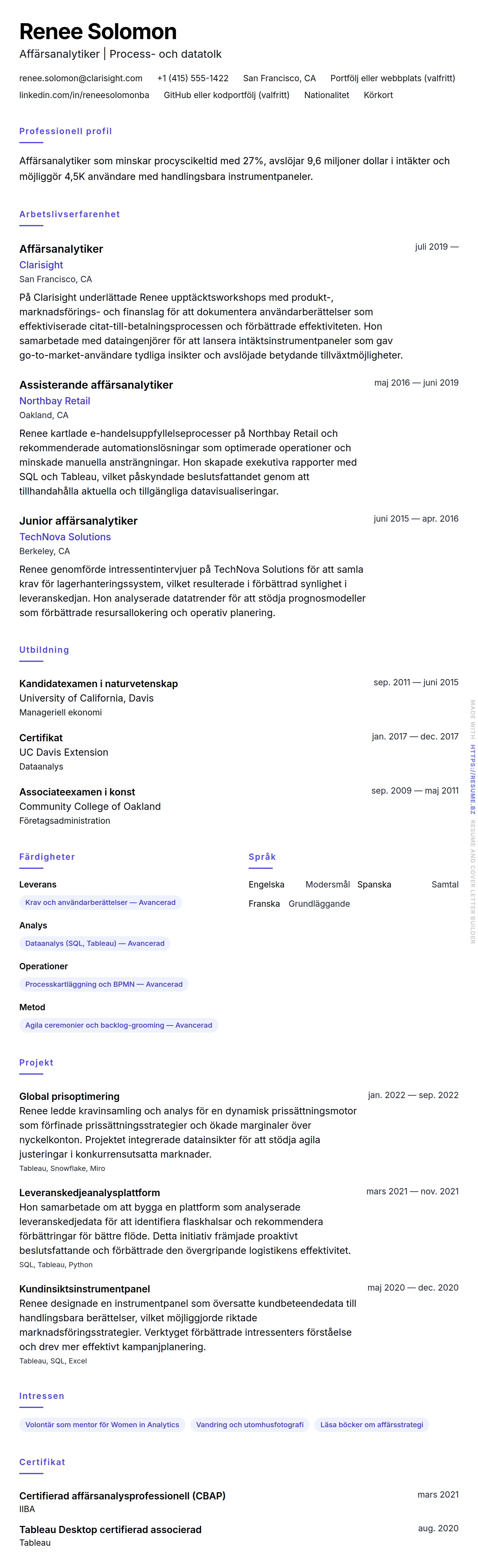 CV-förhandsgranskning för Exempel på CV för affärsanalytiker