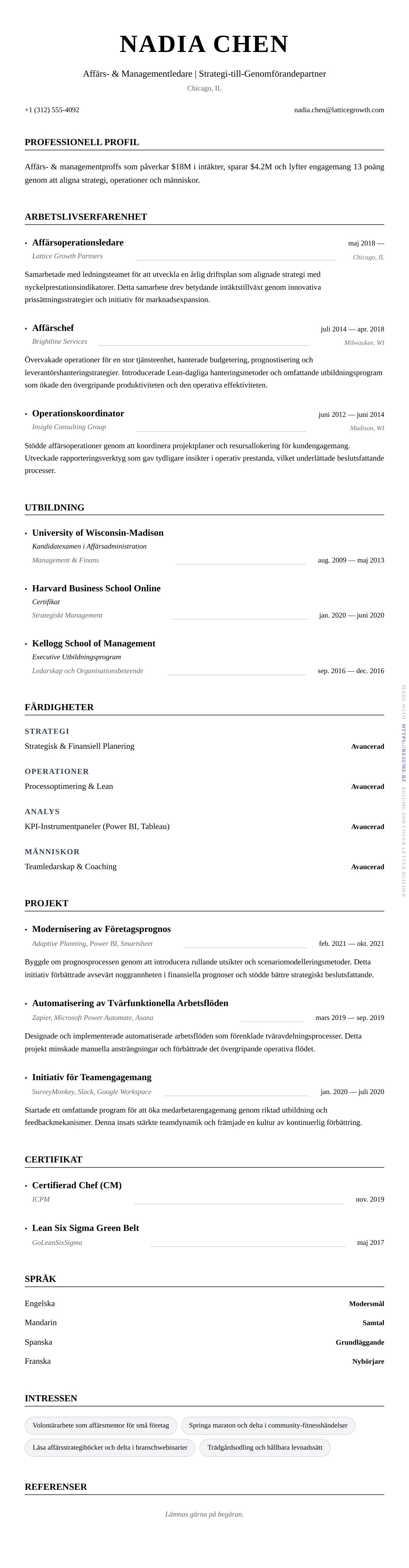 CV-förhandsgranskning för Exempel på CV för Affärs- & Managementproffs