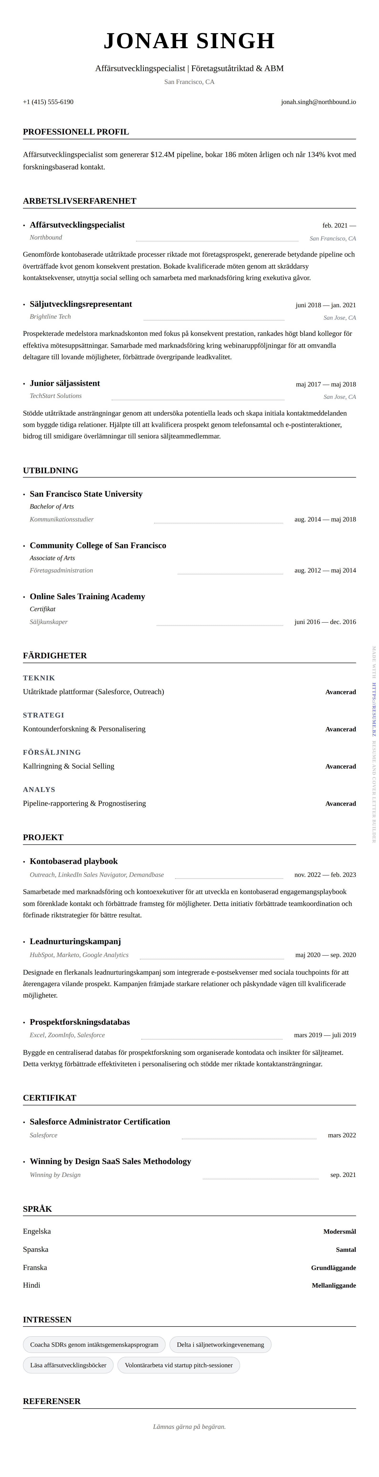 CV-förhandsgranskning för Exempel på CV för affärsutvecklingspecialist