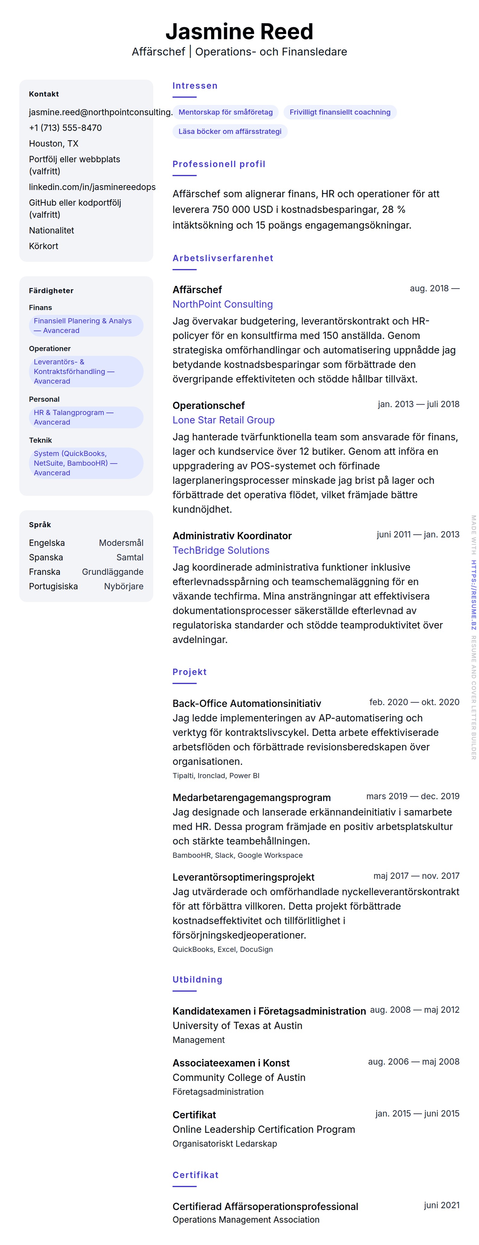 CV-förhandsgranskning för Affärschef CV-exempel