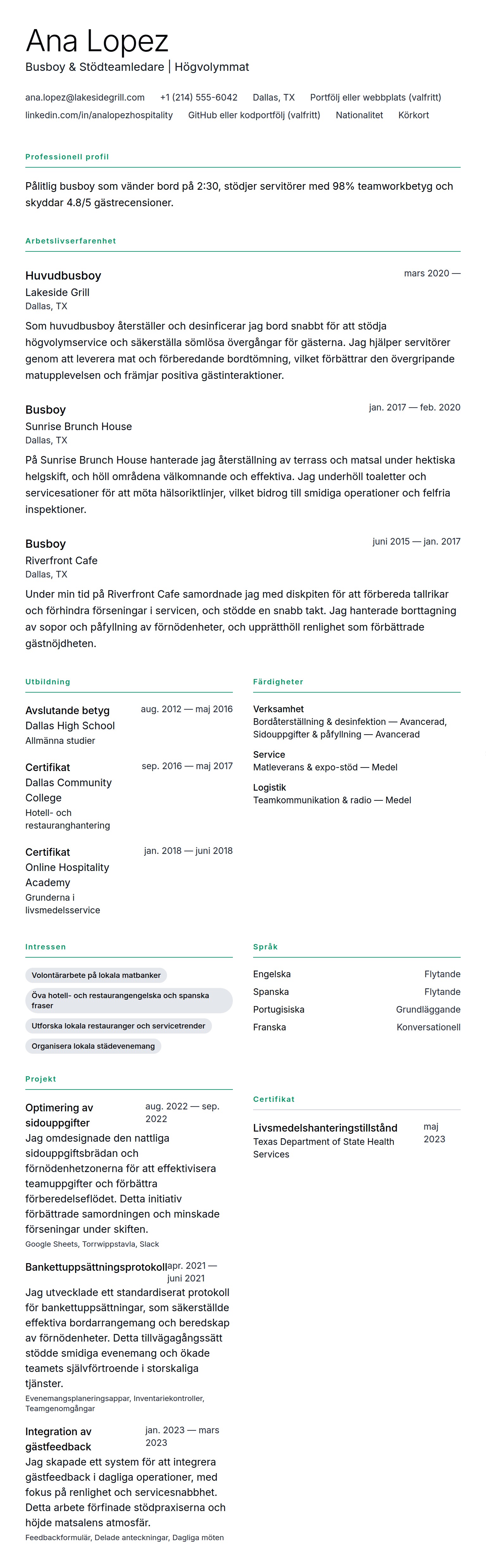 CV-förhandsgranskning för Busboy CV-exempel