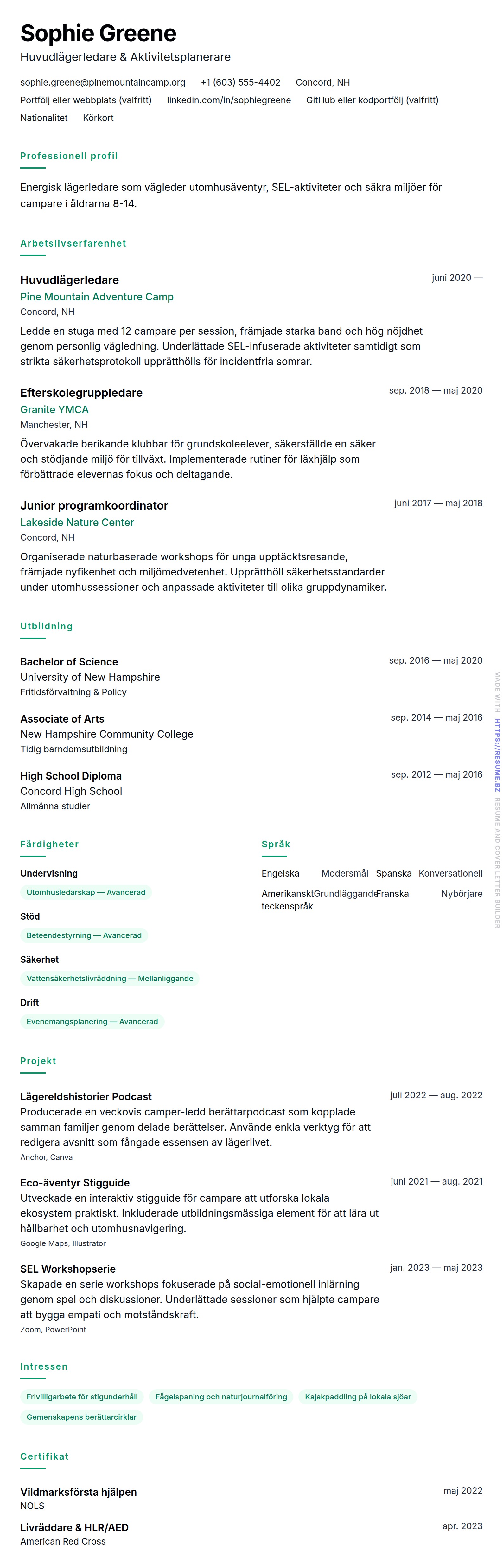 CV-förhandsgranskning för Exempel på CV för lägerledare