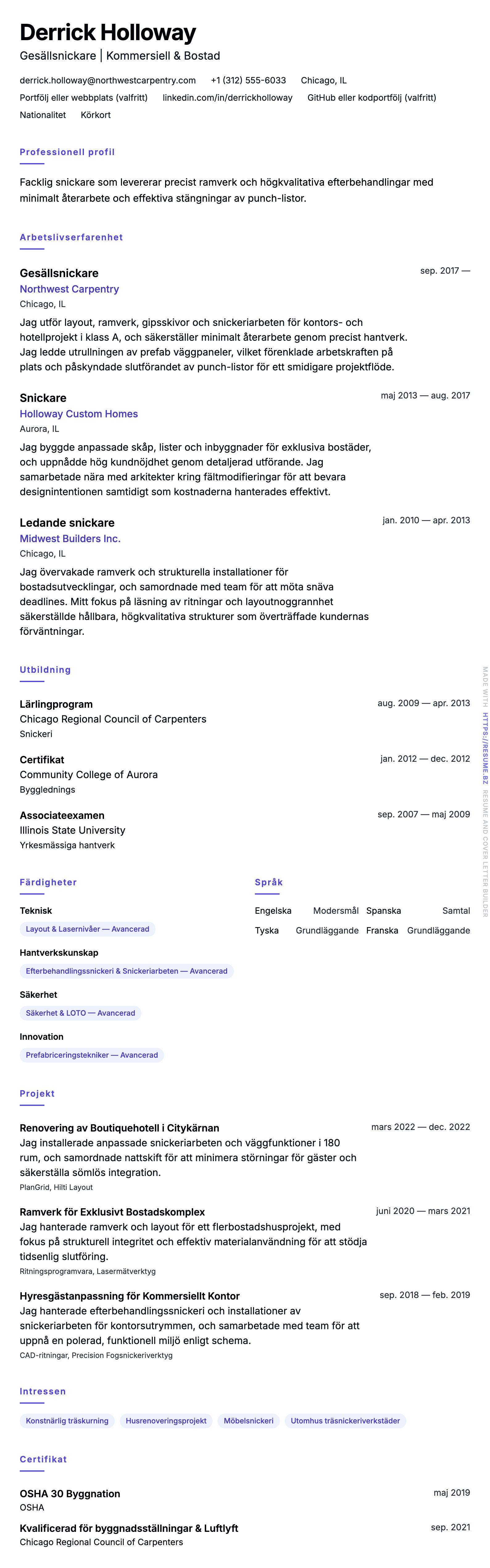 CV-förhandsgranskning för Exempel på snickar-CV