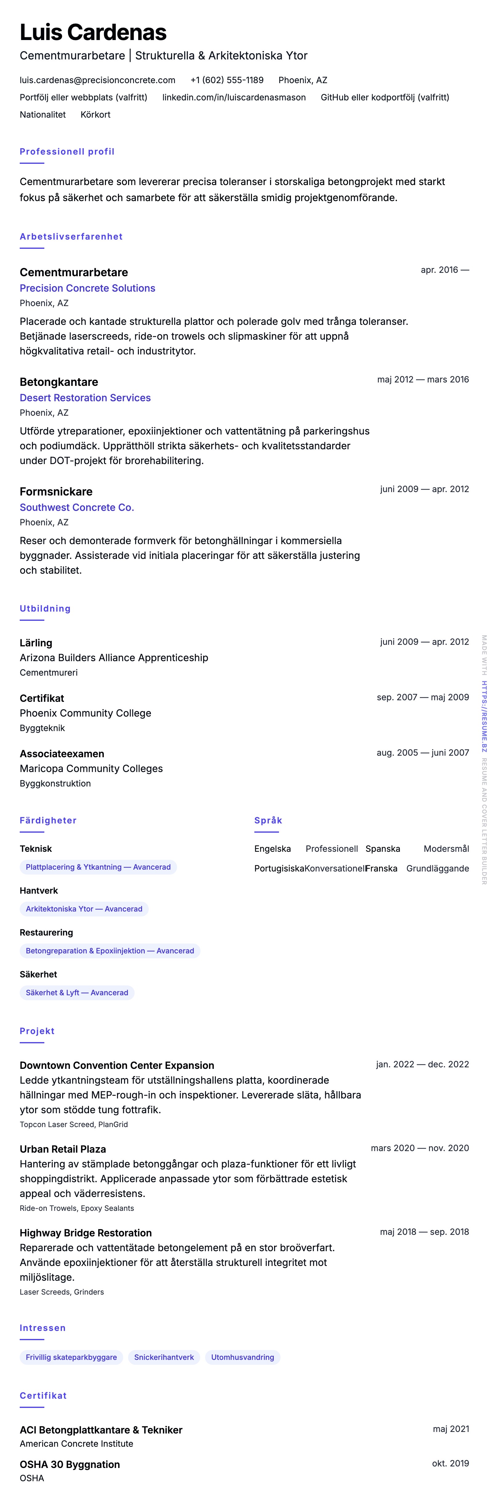 CV-förhandsgranskning för Exempel på CV för cementmurarbetare