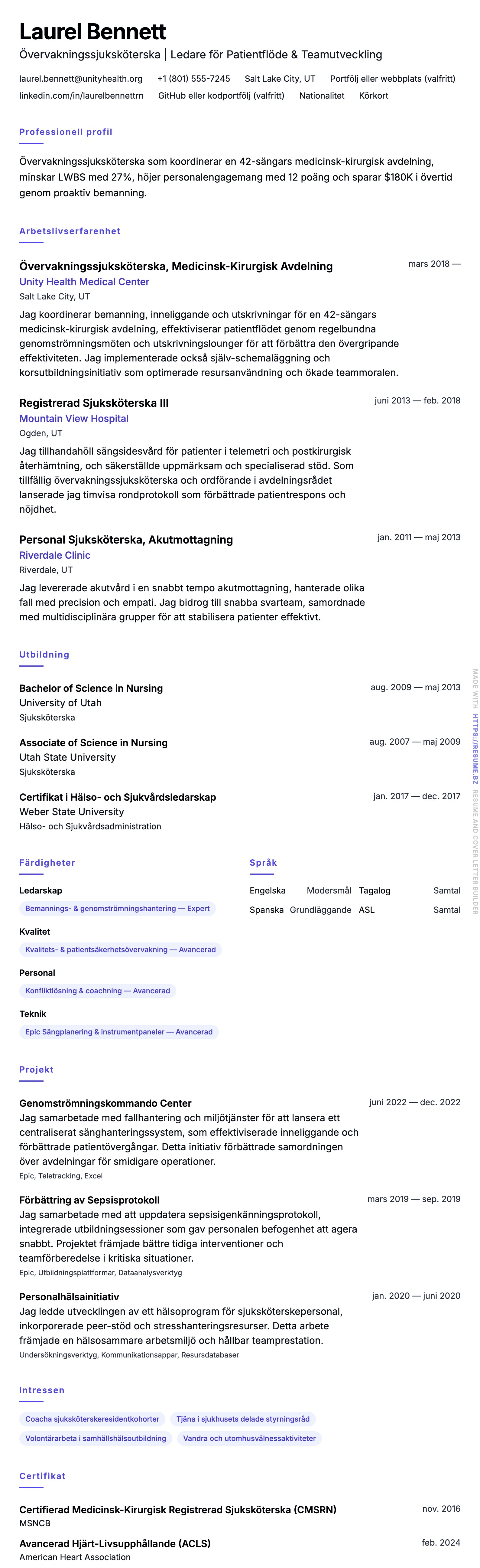 CV-förhandsgranskning för Exempel på CV för Övervakningssjuksköterska