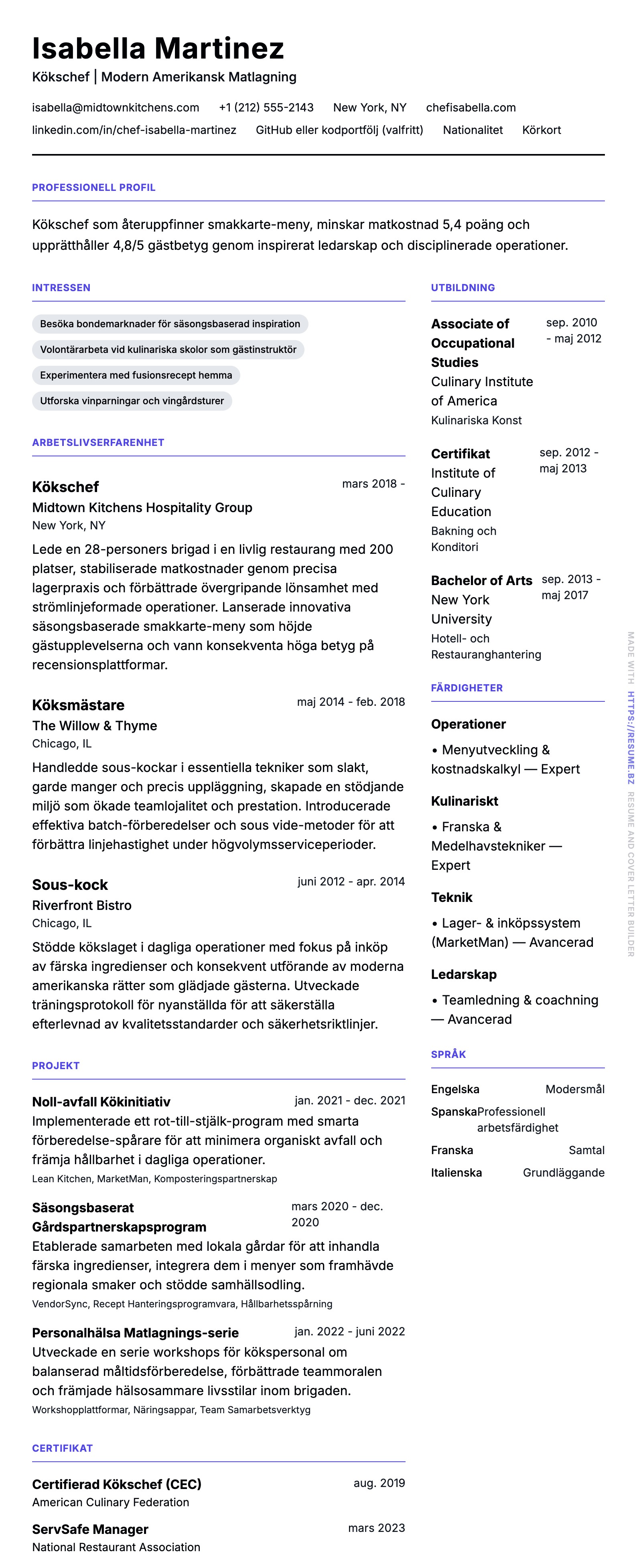 CV-förhandsgranskning för Kock CV-exempel