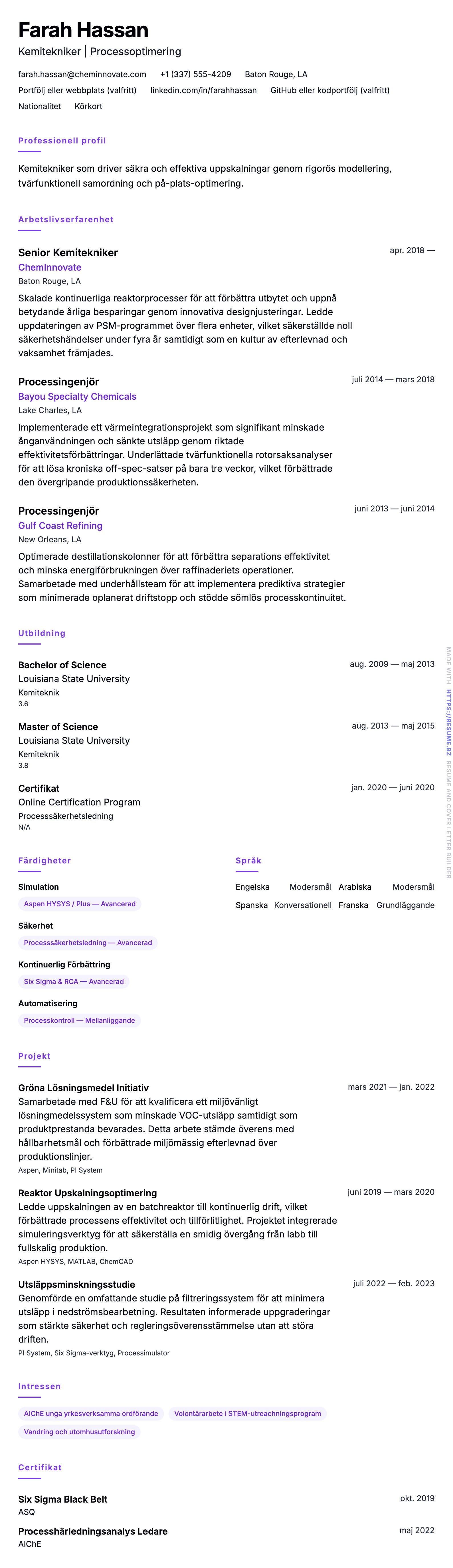 CV-förhandsgranskning för Exempel på CV för kemitekniker