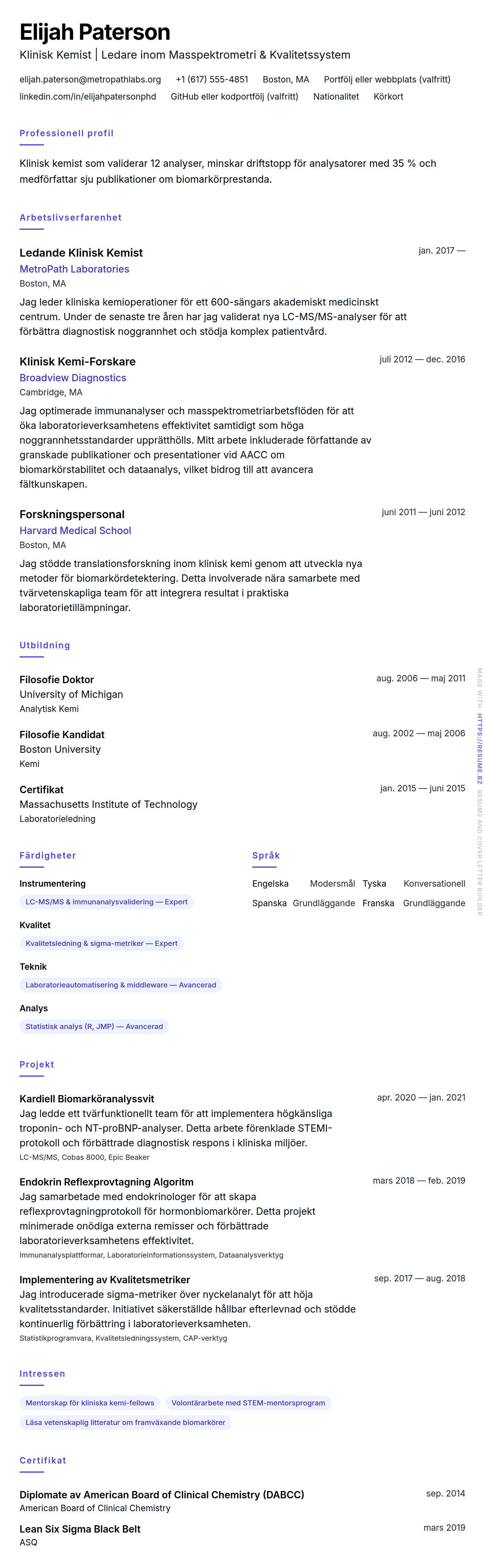 CV-förhandsgranskning för Exempel på CV för Klinisk Kemist