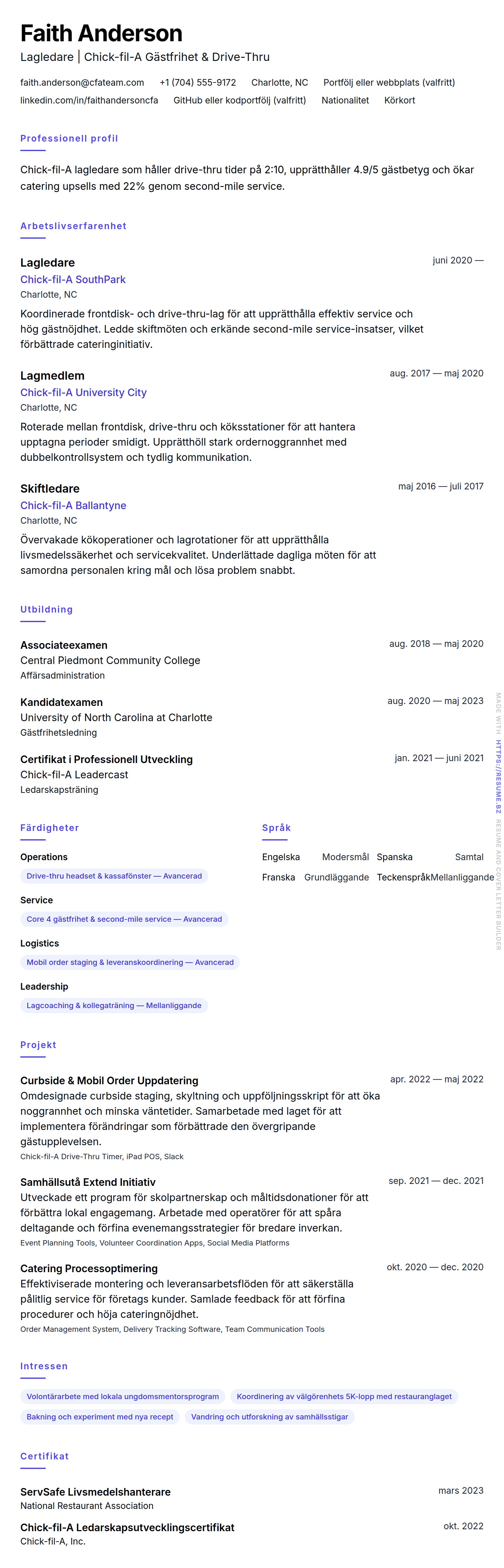 CV-förhandsgranskning för Chick-fil-A Lagmedlem CV-exempel