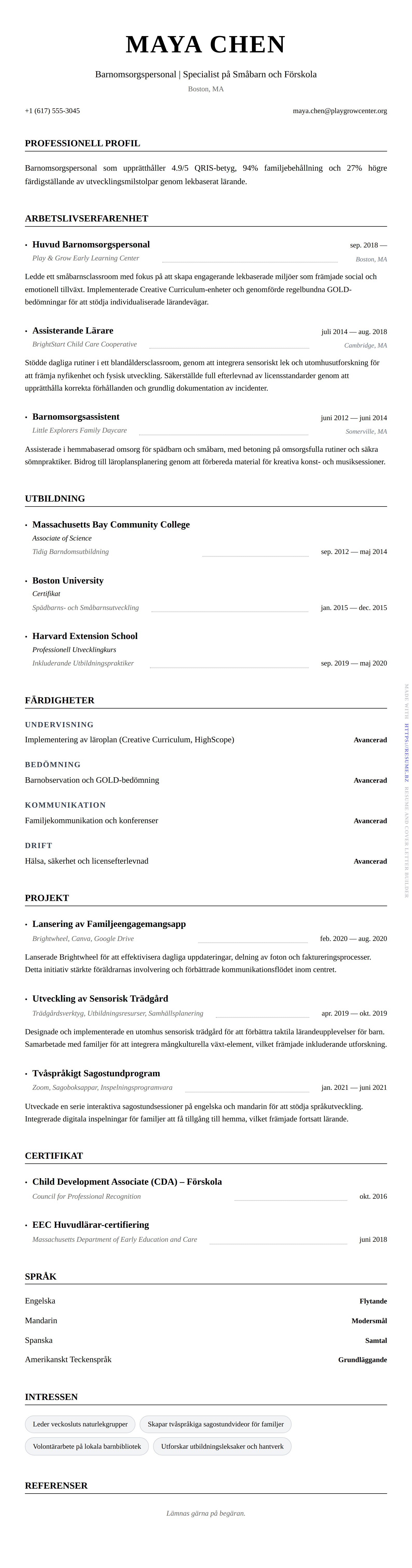 CV-förhandsgranskning för Exempel på CV för Barnomsorgspersonal