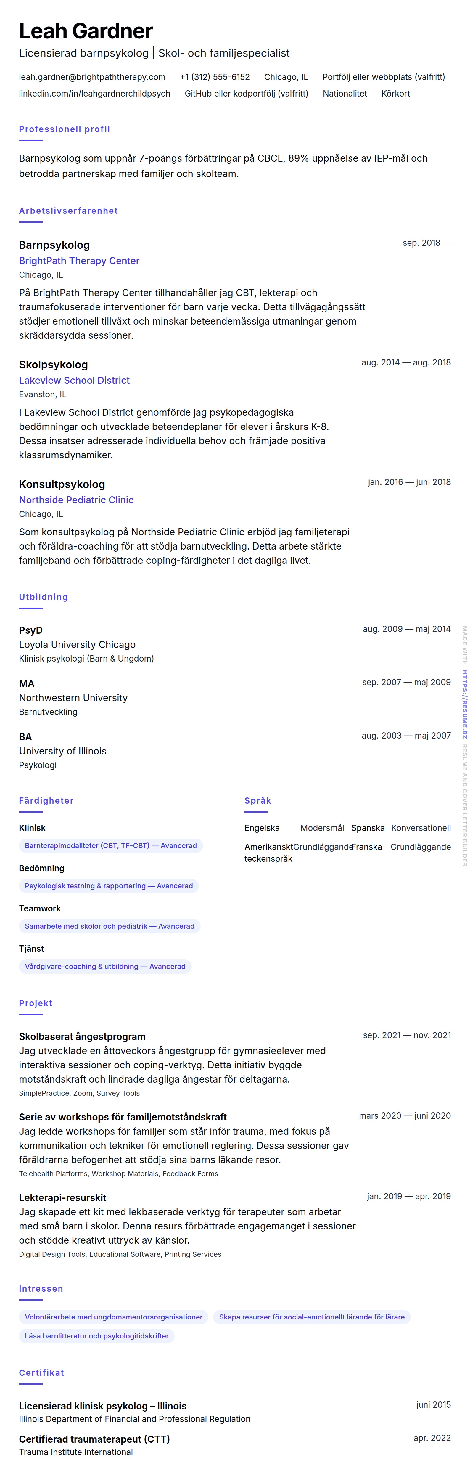 CV-förhandsgranskning för Barnpsykolog CV-exempel